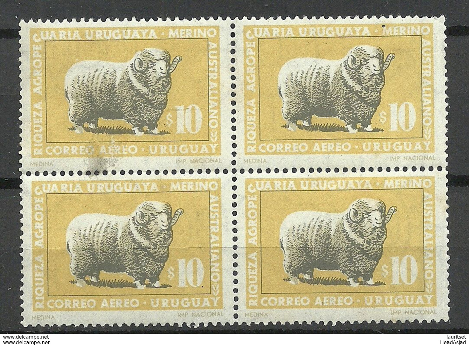 URUGUAY 1967 Michel 1073 As 4-block MNH (but Gum Fault, Brown Spots) Merino Australiano Sheep - Altri & Non Classificati