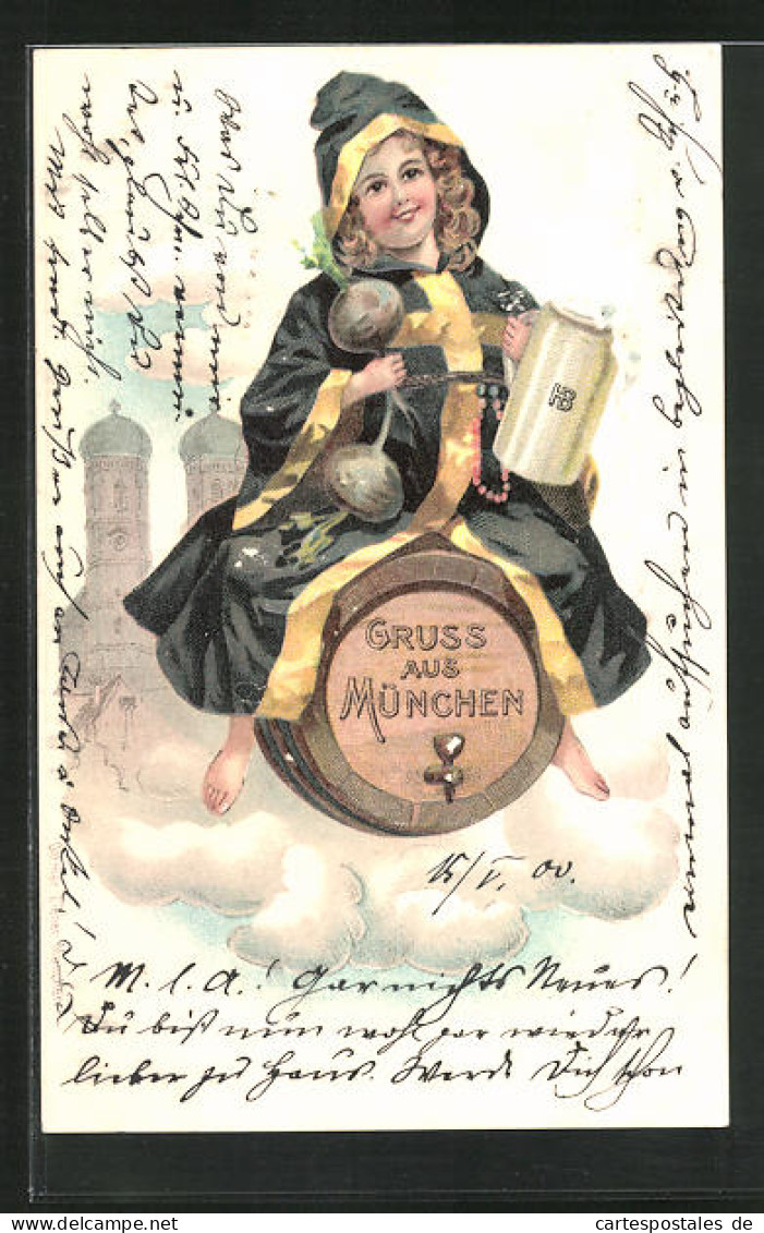 Präge-Lithographie Münchner Kindl Fliegt Auf Bierfass über Den Wolken  - Other & Unclassified