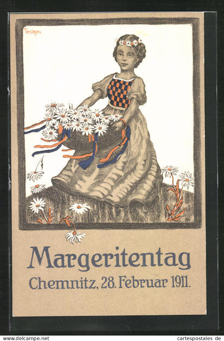 Künstler-AK Chemnitz, Margeritentag 28.02.1911, Mädchen Mit Blumenkranz Auf Dem Haupte  - Otros & Sin Clasificación