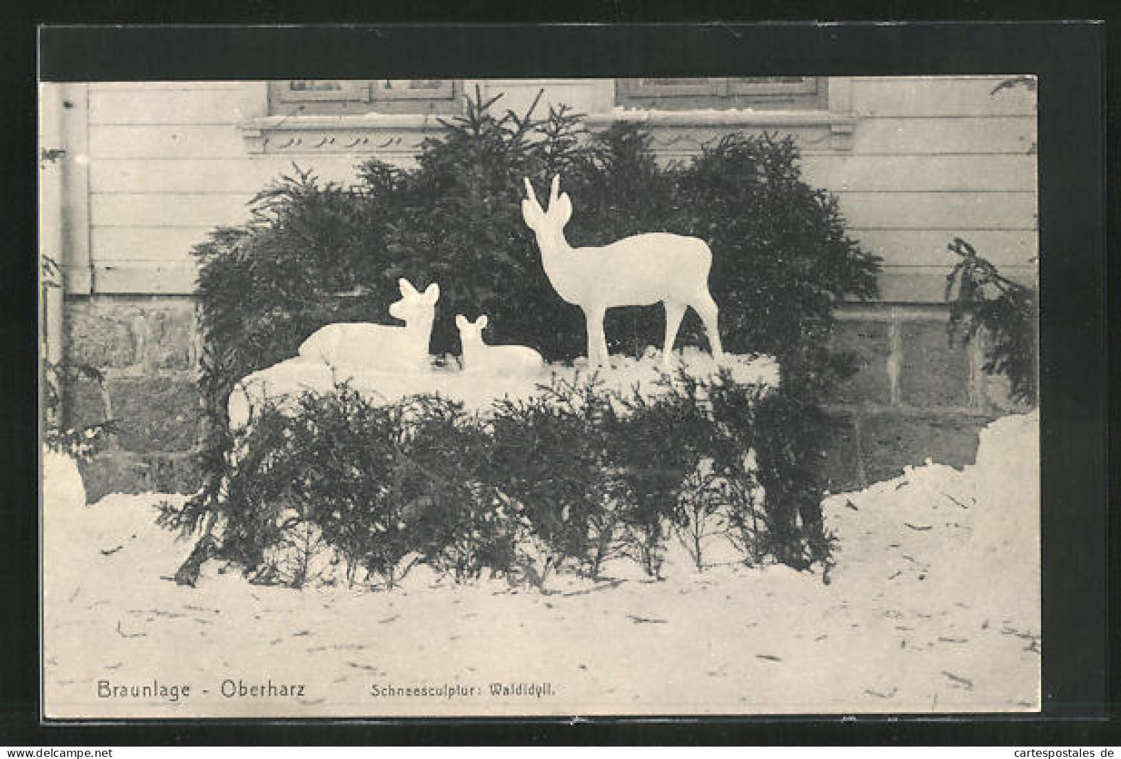 AK Braunlage /Oberharz, Schneeskulptur: Waldidyll, Rehbock Mit Reh Und Kitz  - Sculptures