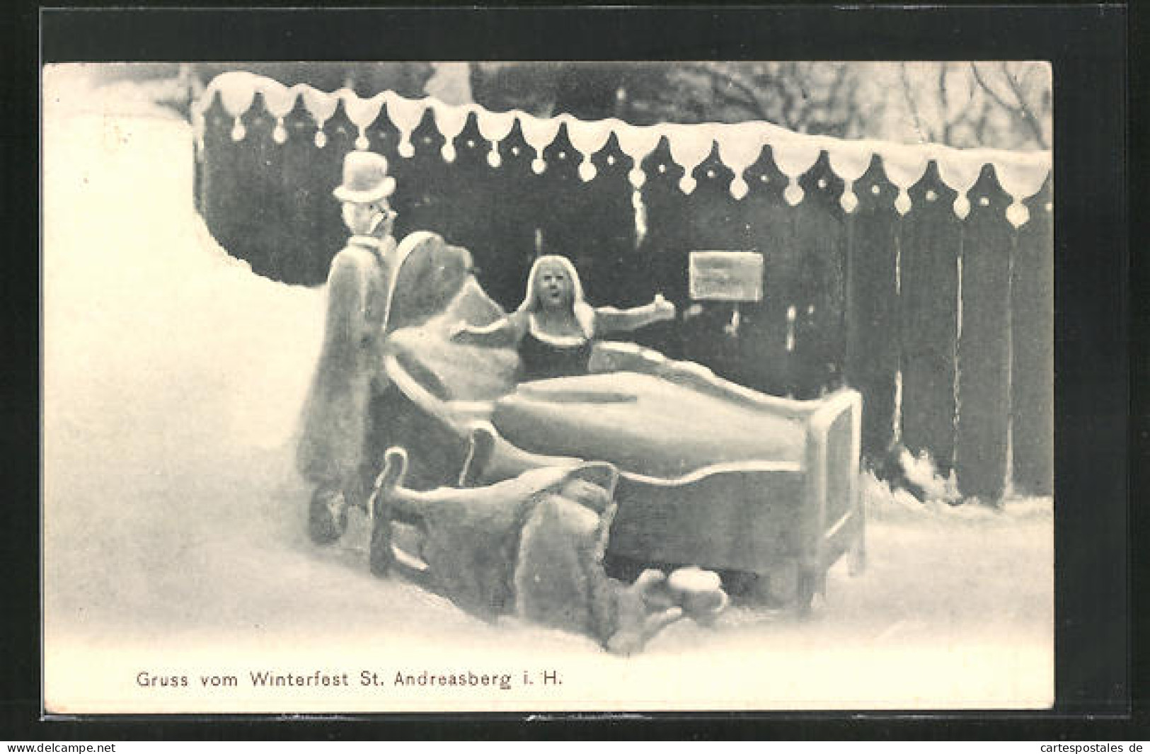AK St. Andreasberg I. H., Winterfest, Frau Im Bett Und Umgekippte Wiege, Eisplastik  - Skulpturen