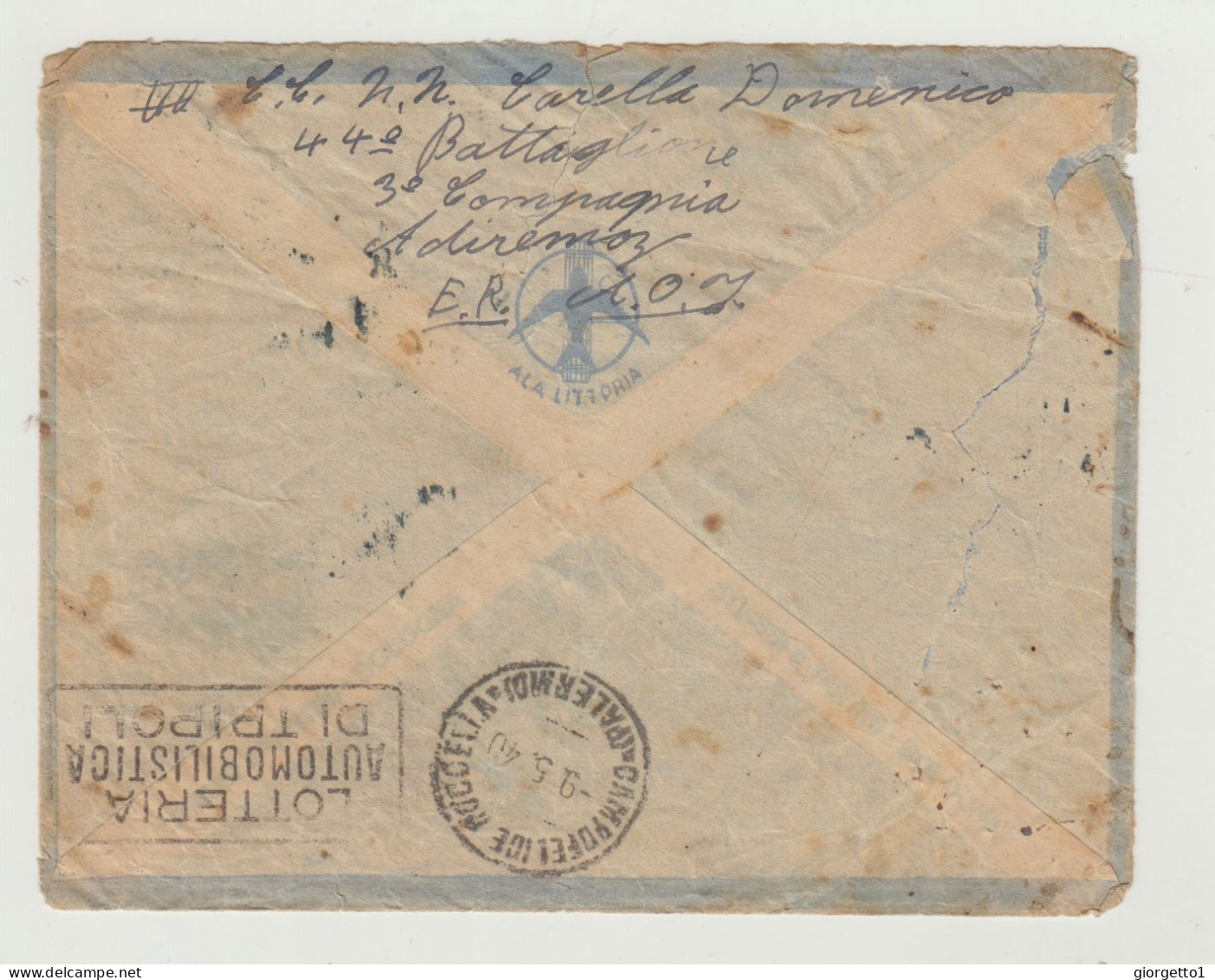 BUSTA SENZA LETTERA - VIA ALA LITTORIA - ANNULLO OM HAGER ERITREA DEL 1940 VERSO PALERMO DEL 1940 WW2 - A.O.I. - Storia Postale (Posta Aerea)