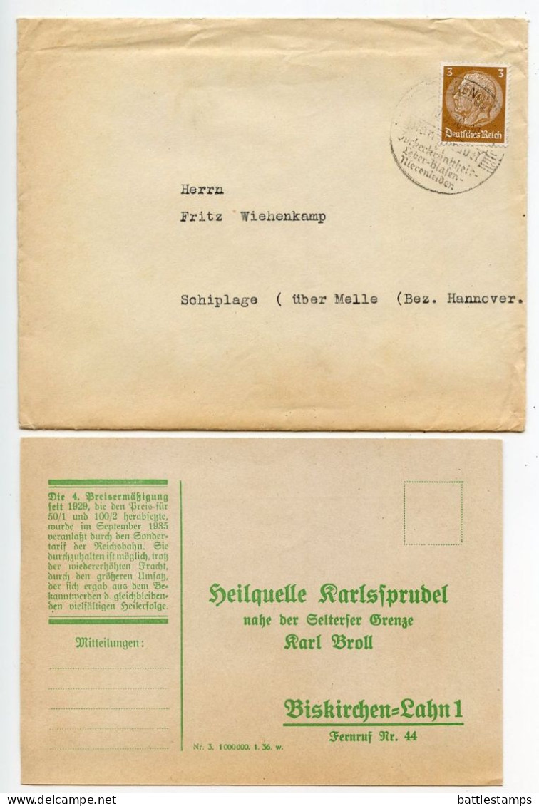 Germany 1936 Cover W/ Advert & Reply Card; Biskirchen (Lahn) - Karl Broll, Heilquelle Karlssprudel; 3pf. Hindenburg - Briefe U. Dokumente