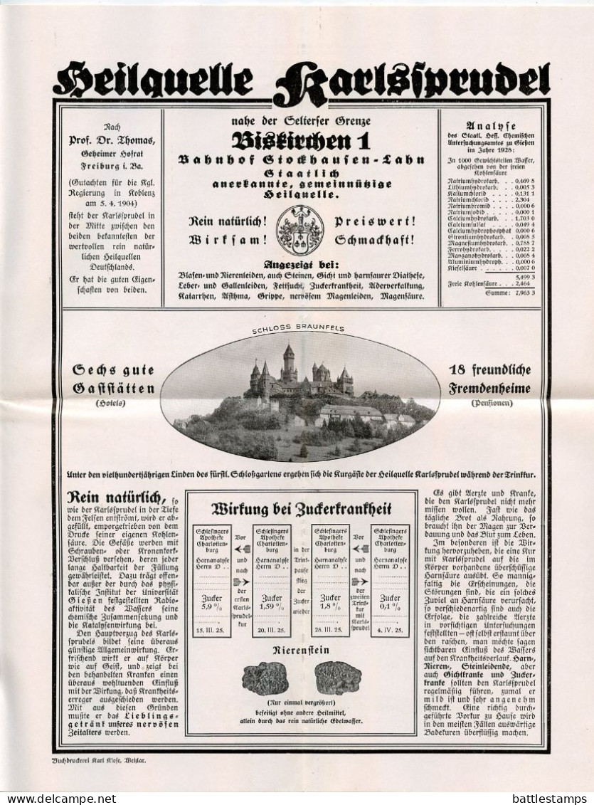Germany 1936 Cover W/ Advert & Reply Card; Biskirchen (Lahn) - Karl Broll, Heilquelle Karlssprudel; 3pf. Hindenburg - Storia Postale