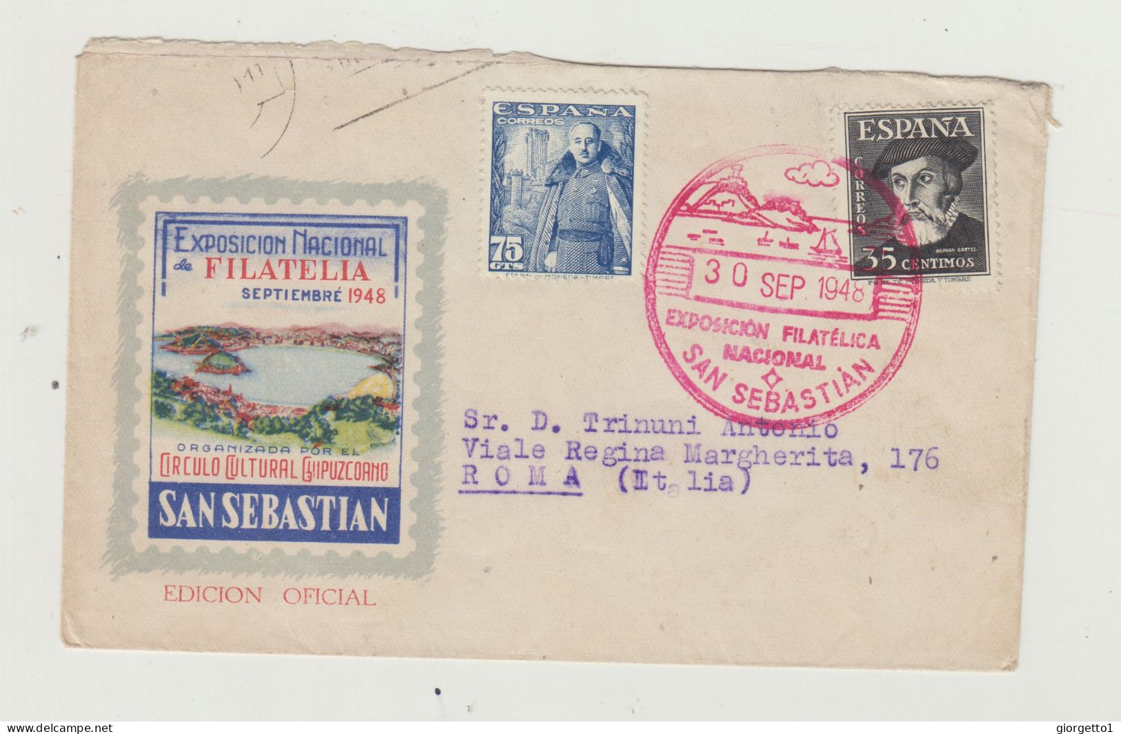 BUSTA SENZA LETTERA - PUBBLICITARIA E ANNULL ESPOSIZIONE NAZIONALE FILATELIA SETTEMBRE 1948 SAN SEBASTIAN -PAESI BASCHI - 1946-60: Poststempel