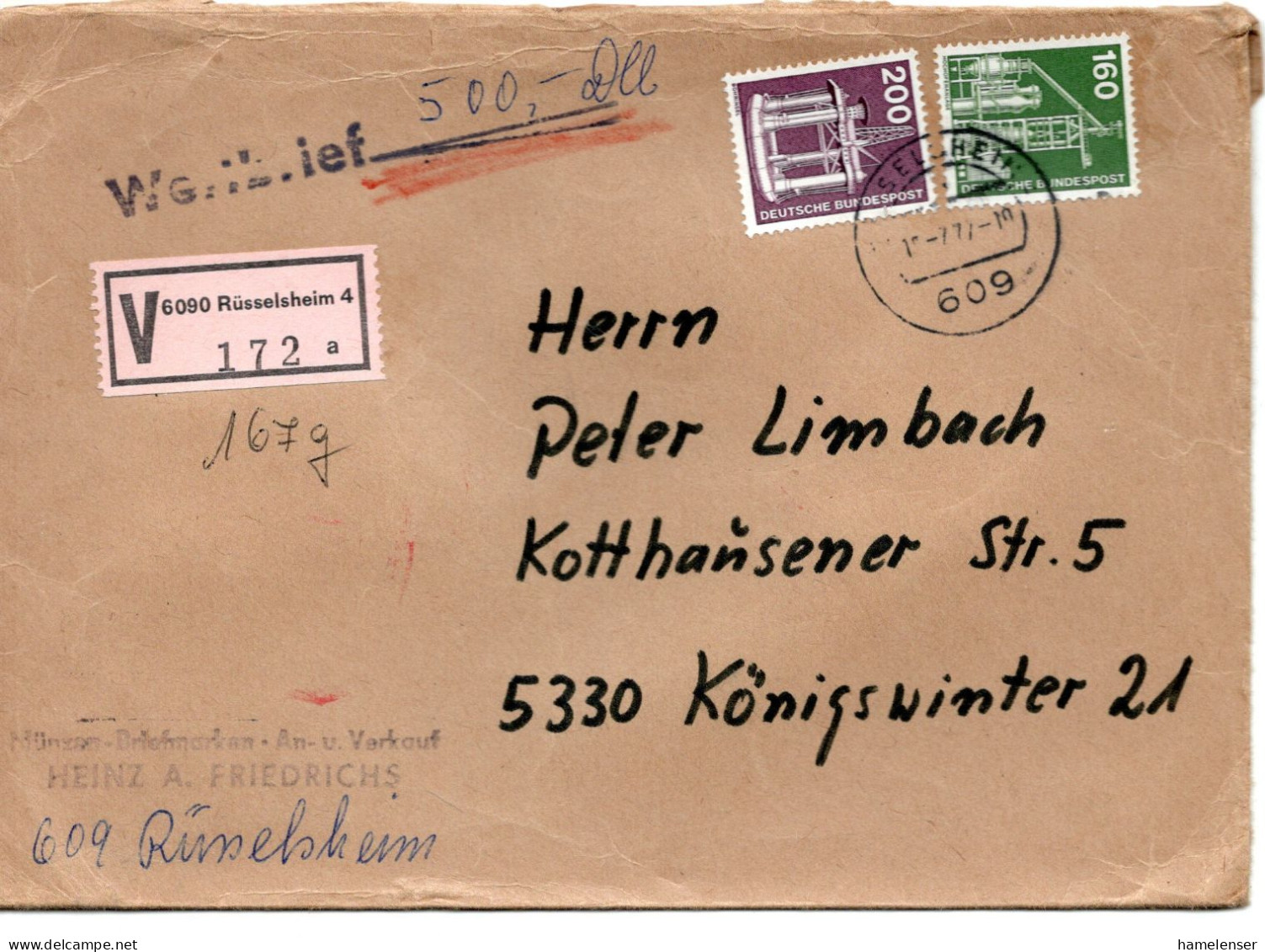 78844 - Bund - 1977 - 200Pfg I&T MiF A W-Bf (500 DM / 167g) RUESSELSHEIM -> Koenigswinter - Lettres & Documents