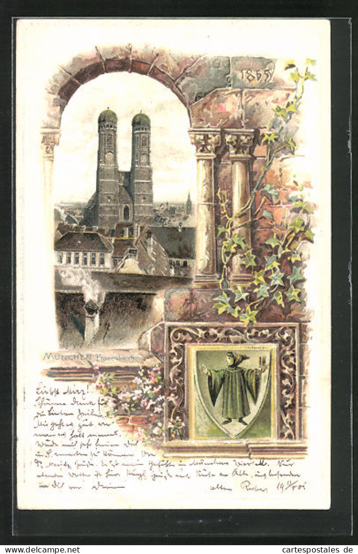 Passepartout-Lithographie München, Frauenkirche Mit Münchner Kindl, Wappen  - Other & Unclassified