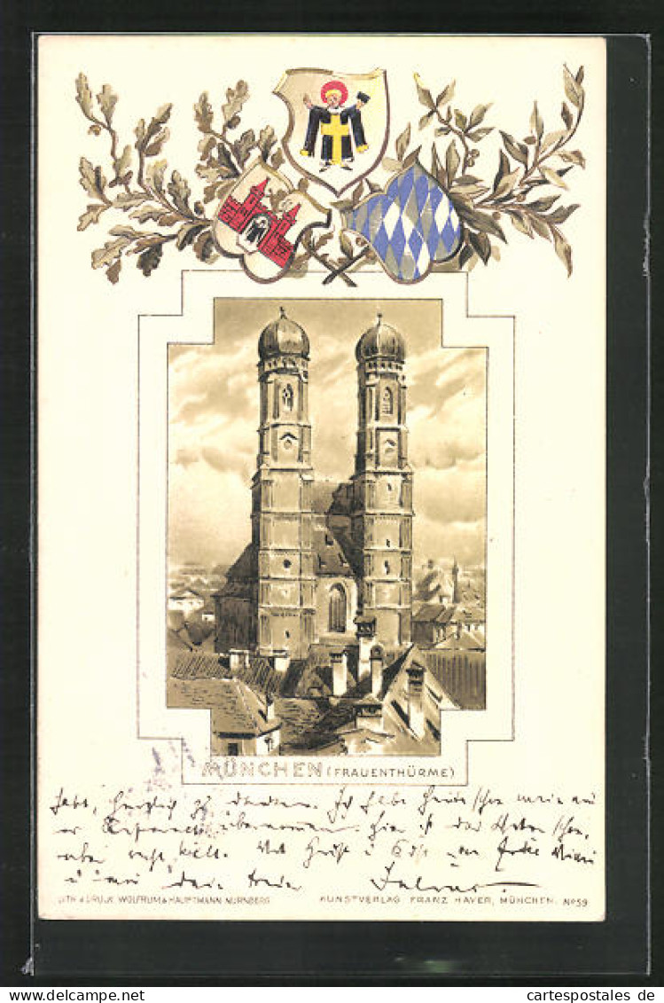 Passepartout-Lithographie München, Frauenkirche, Wappen  - Sonstige & Ohne Zuordnung