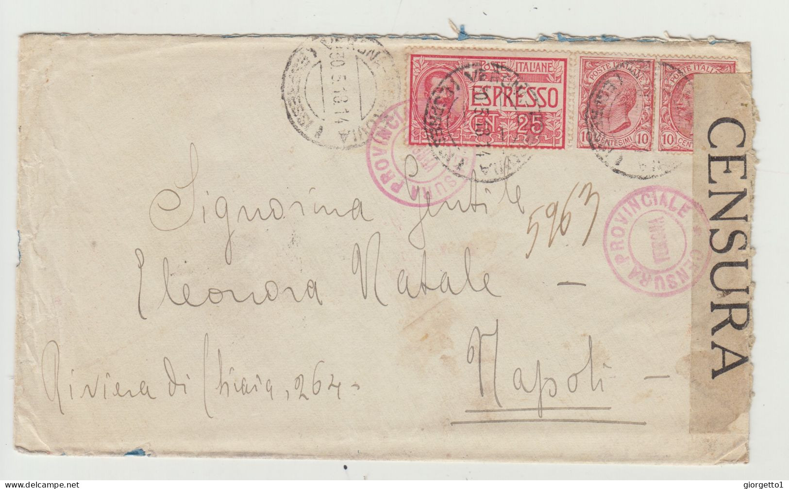 BUSTA SENZA LETTERA - DEL 1918 CON CENSURA E ANNULLO 134 SQUADRIGLIA AEROPLANI - TARIFFA ESPRESSO 25 CENT WW1 - Storia Postale