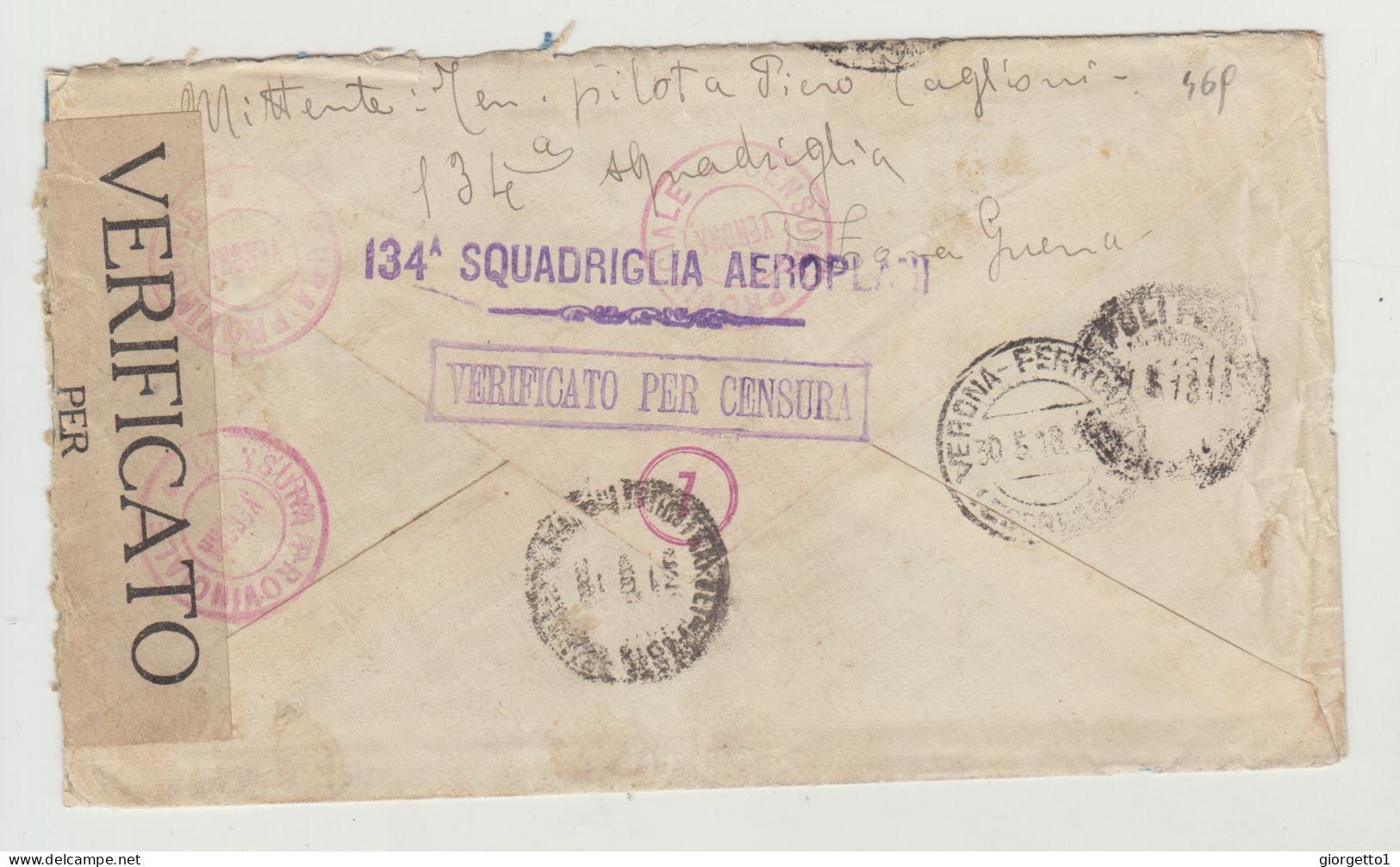 BUSTA SENZA LETTERA - DEL 1918 CON CENSURA E ANNULLO 134 SQUADRIGLIA AEROPLANI - TARIFFA ESPRESSO 25 CENT WW1 - Storia Postale