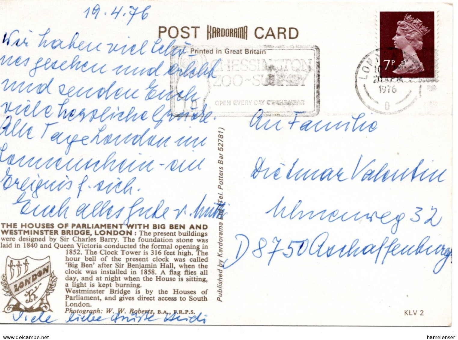 78846 - Grossbritannien - 1976 - 7p Machin EF A AnsKte LONDON - CHESSINGTON ZOO ... -> Westdeutschland - Lettres & Documents