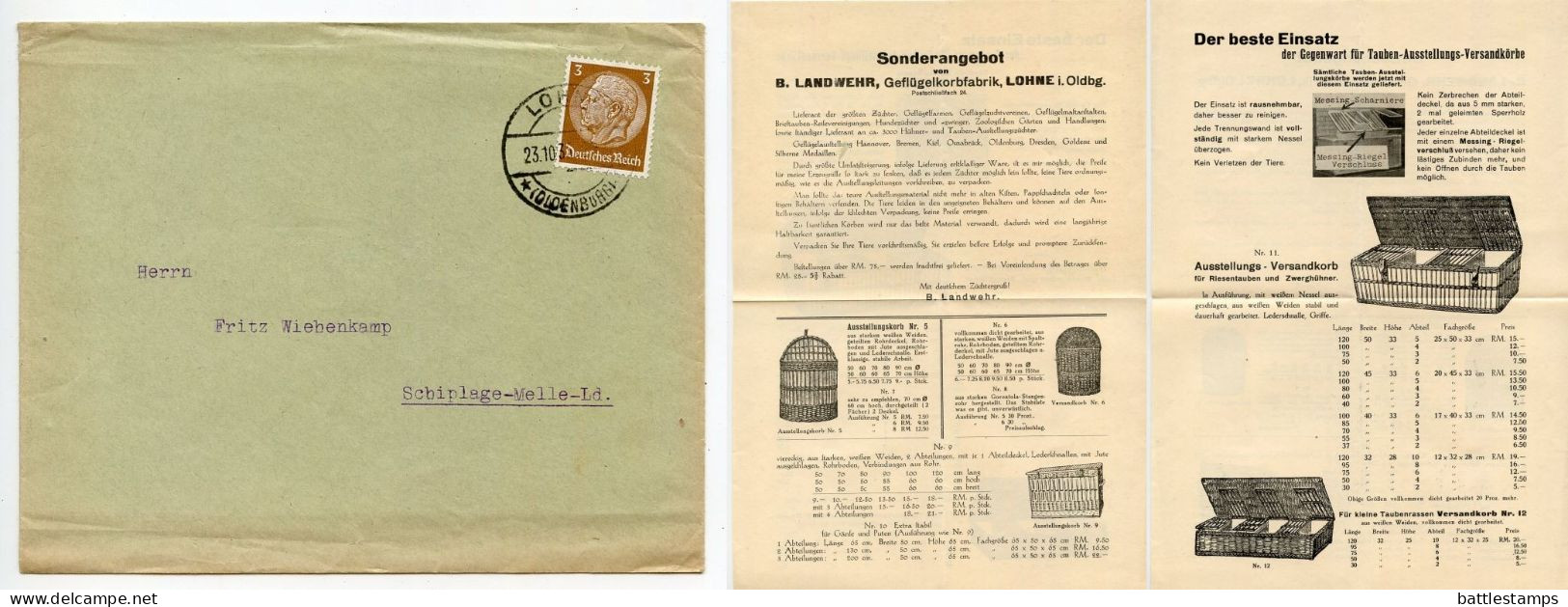 Germany 1936 Cover W/ Advertisement; Lohne (Oldenburg) - B. Landwehr, Geflügelkorbfabrik; 3pf. Hindenburg - Briefe U. Dokumente