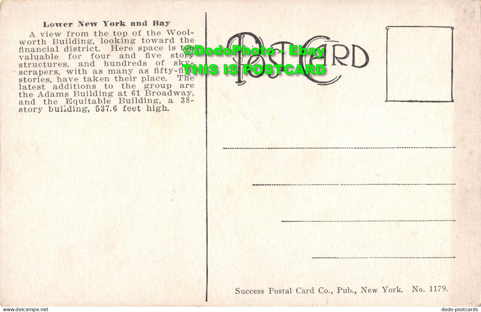 R414697 New York. Lower New York And Bay. Success Postal Card. No. 1179 - World
