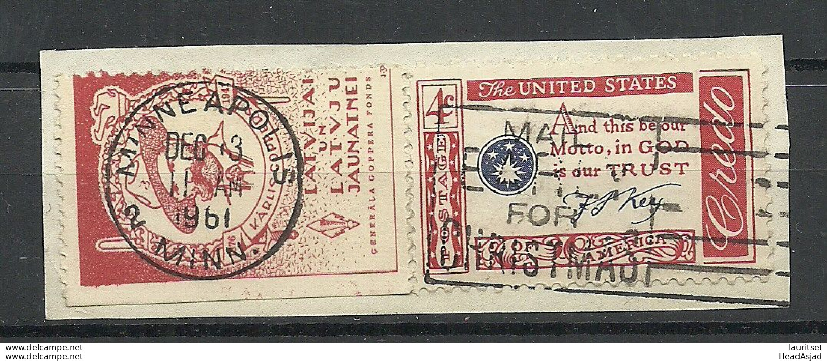 LATVIA Lettland In Exile USA 1961 Vignette Poster Stamp Together On Piece With USA Postage Stamp - Lettland