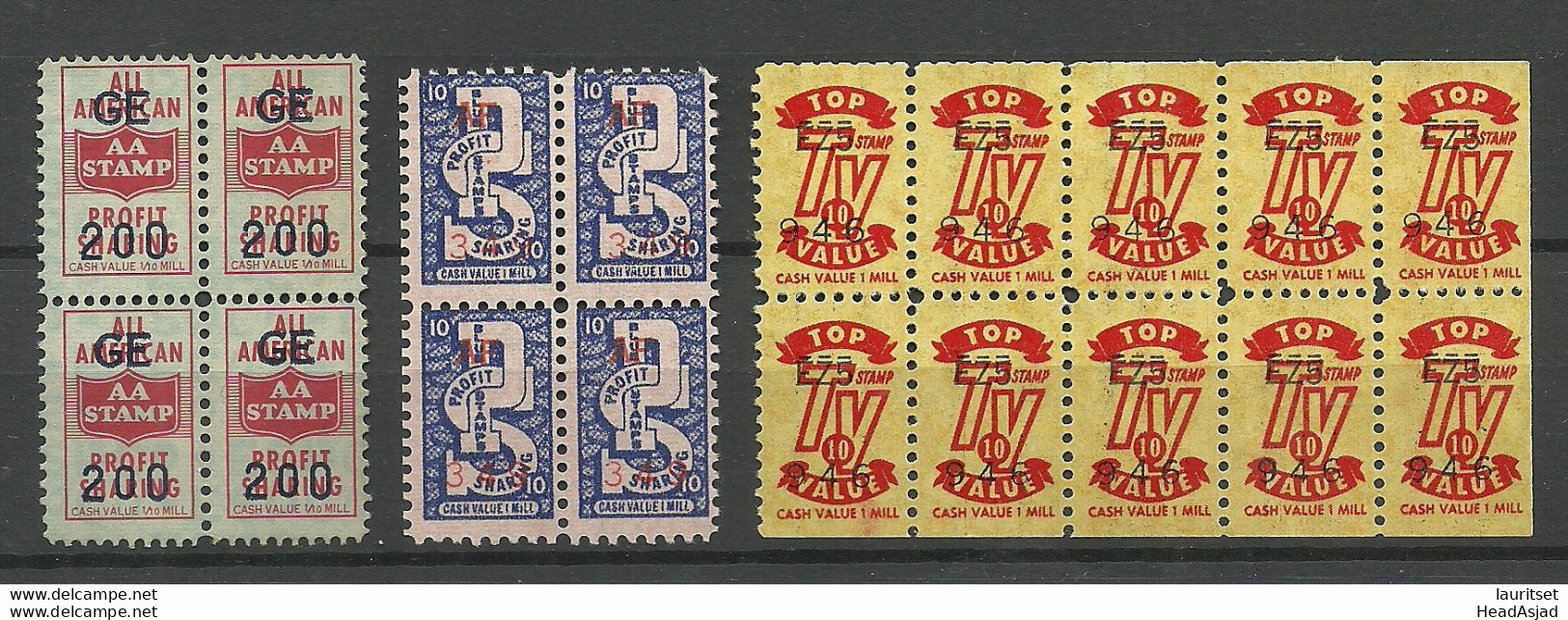 USA Vignettes Cash Value Mill Profit Stamps & TV Stamps Etc. As Blocks MNH - Non Classés