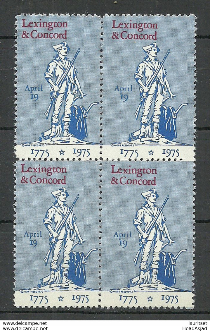 USA 1975 Lexington & Concord Statue Denkmal Poster Stamp Vignette Werbemarke As 4-block MNH - Erinnofilie
