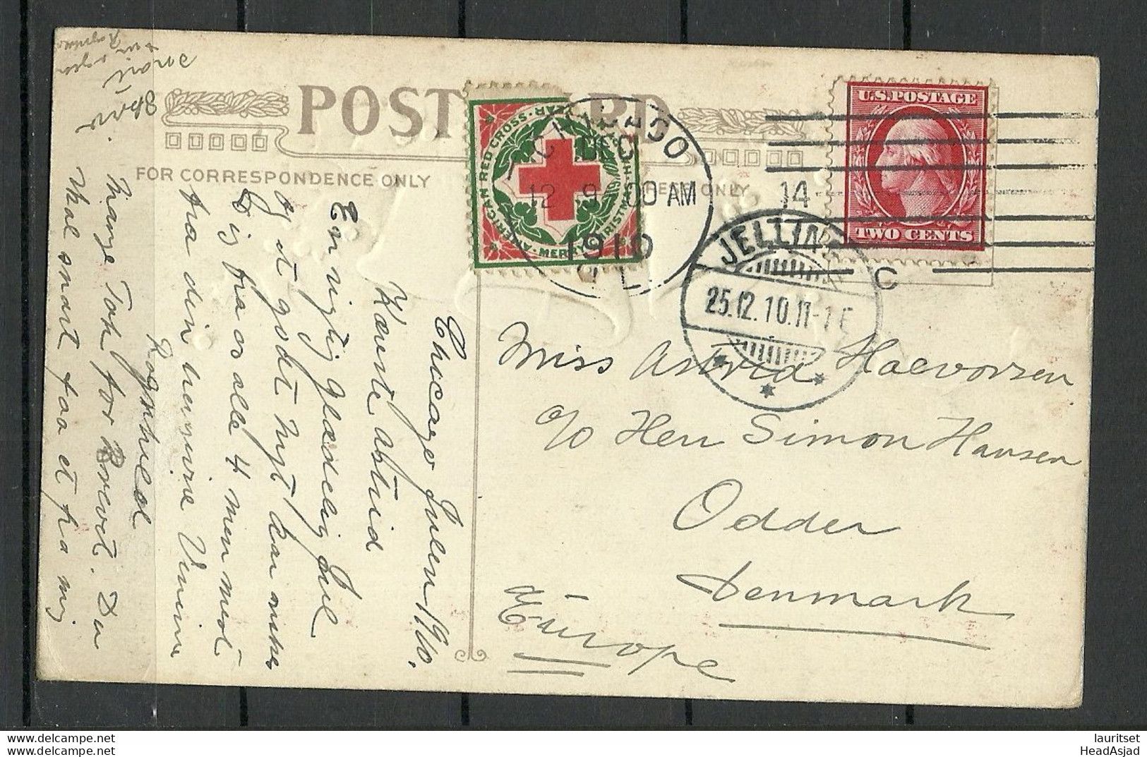 USA 1910 Red Cross Rotes Kreuz Vignette On Christmas Greetings Weihnachten Post Card Sent To Denmark - Other & Unclassified
