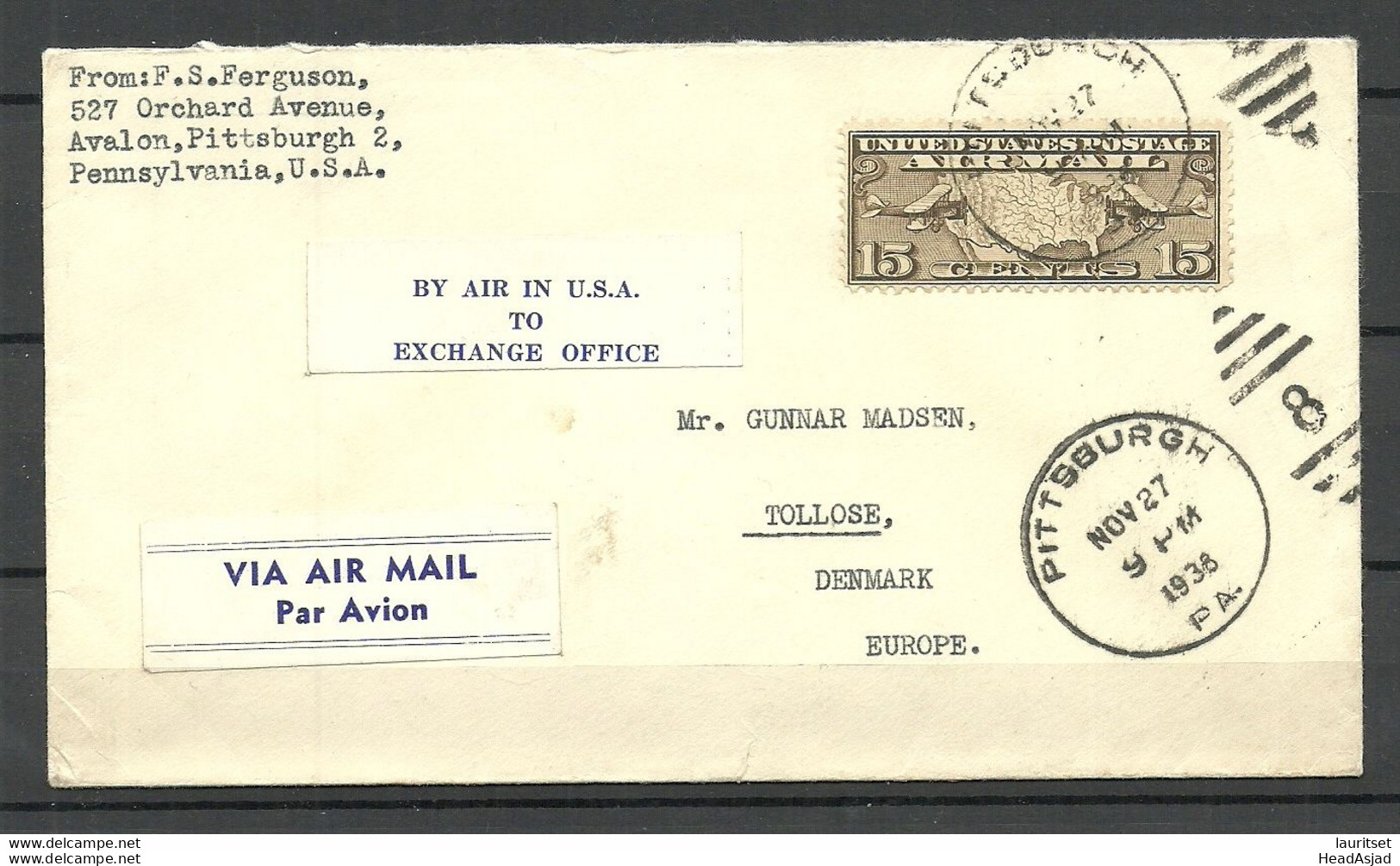 USA 1938 O Pittsburgh Air Mail Cover To Denmark Michel 311 As Single + 2 Vignetten Flag & Tuberculosis At Back Side - 2c. 1941-1960 Briefe U. Dokumente