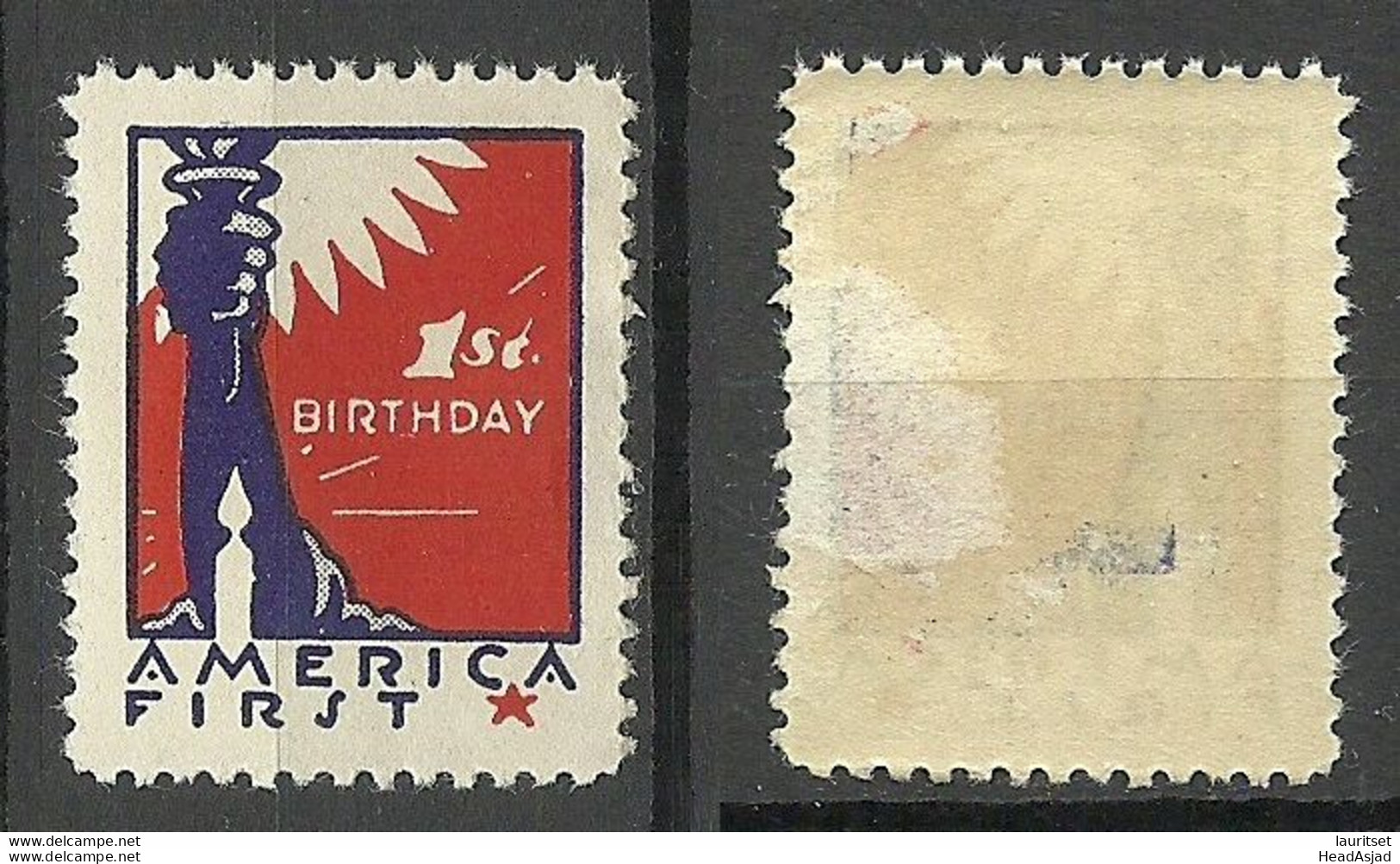 USA Patriotic Vignette America First Poster Stamp NB! Defect - Thinned Place! - Cinderellas