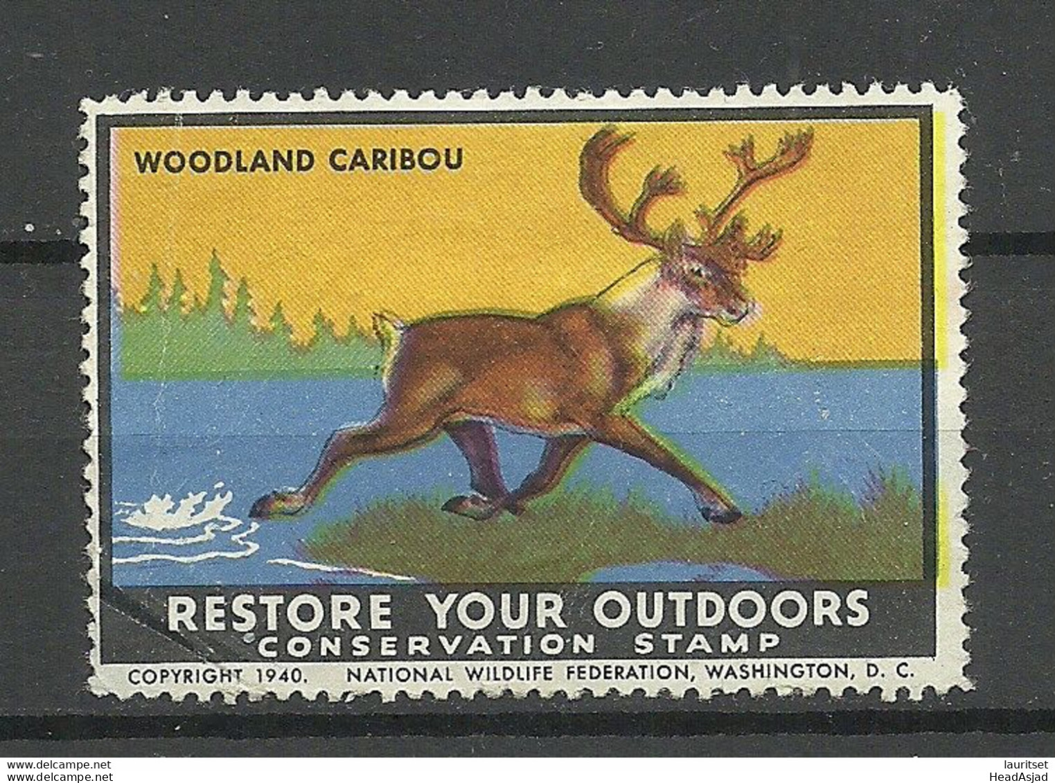 USA 1940 Woodland Caribou Vignette NB! Thinned Corner! Eine Untere Ecke Etwas Dünn! - Vignetten (Erinnophilie)