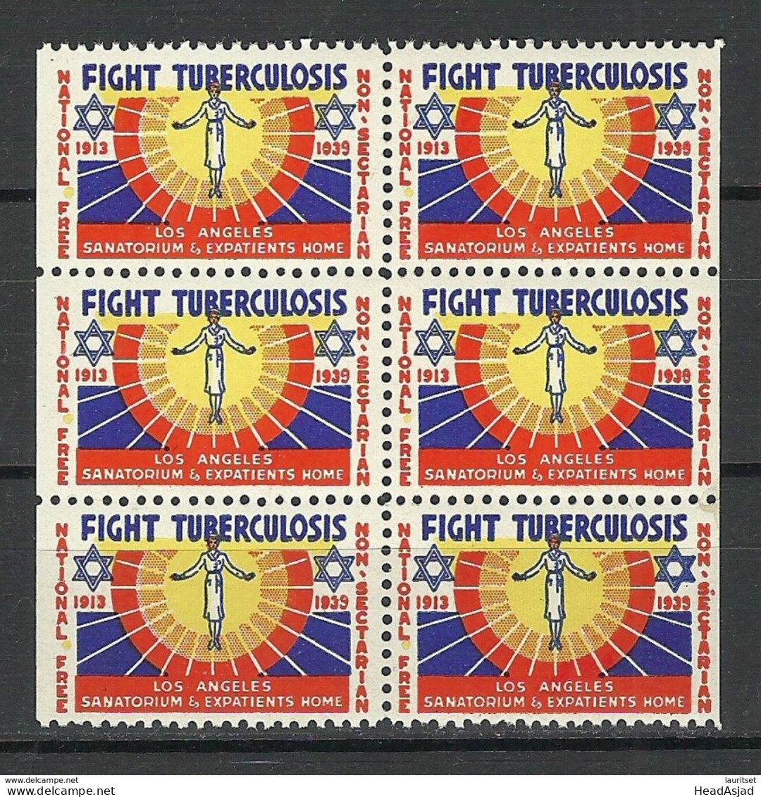 USA Judaica 1939 Tuberculosis Charity Los Angeles Hospital Vignette 6-block MNH - Erinnophilie