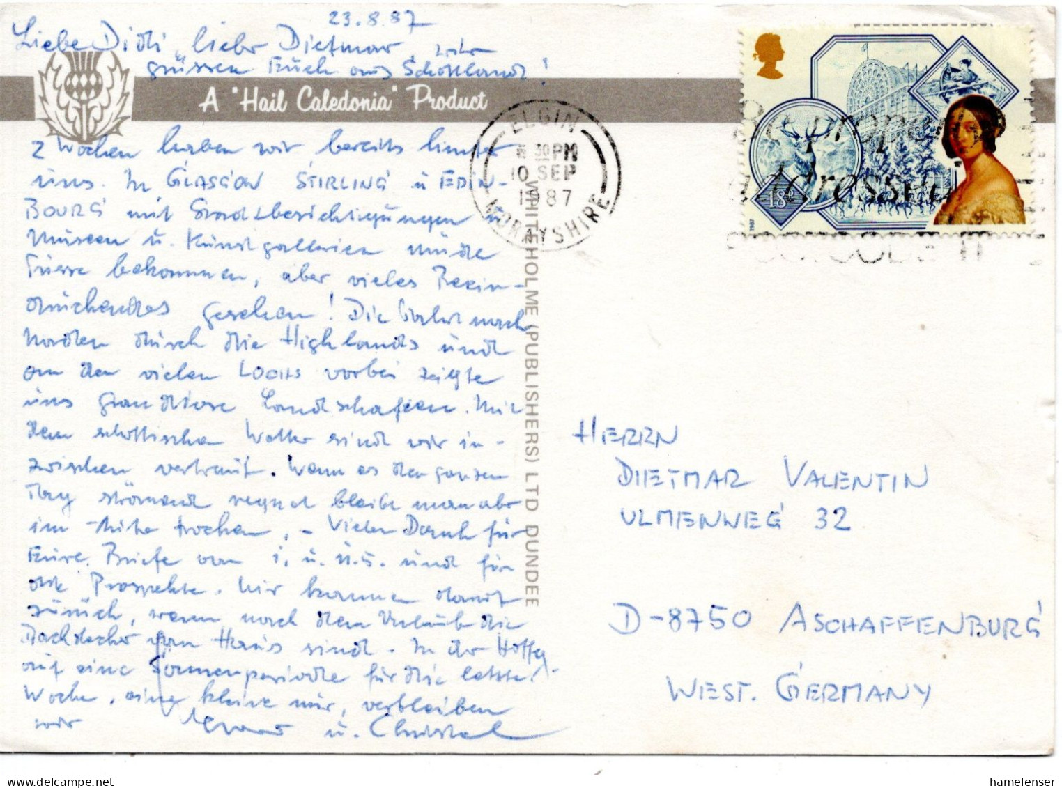 78849 - Grossbritannien - 1987 - 18p Viktorianisches Zeitalter EF A AnsKte ELGIN - ... -> Westdeutschland - Covers & Documents