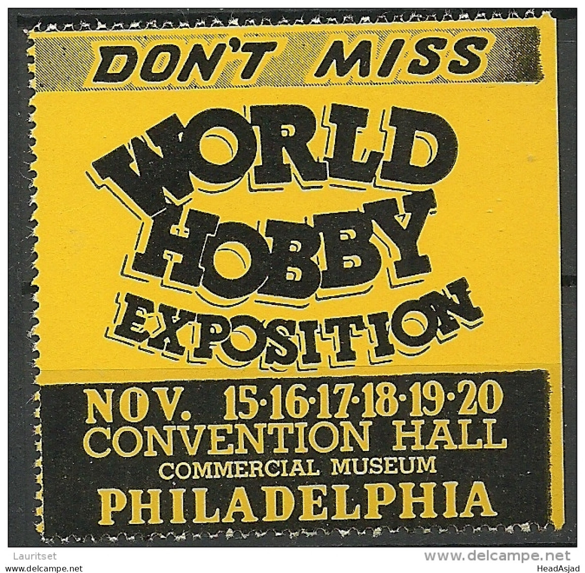 USA Vignette Advertising Stamp Reklamemarke World Hobby Exposition Philadelphia MNH - Sonstige & Ohne Zuordnung