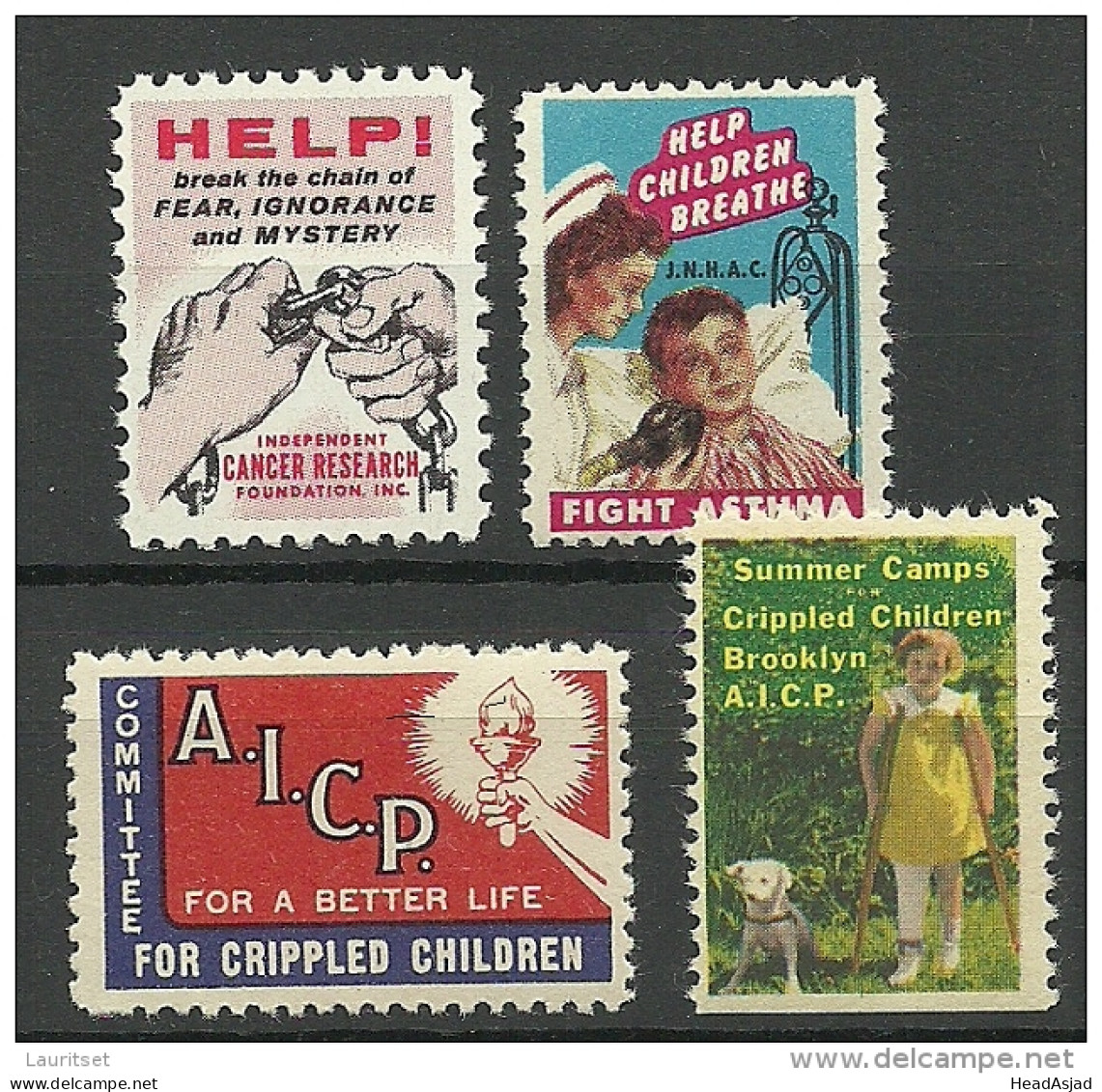 USA 1940ies Vignettes Propaganda Stamps Against Childrens Diseases Kampf Mit Kinderkrankheiten MNH - Enfermedades