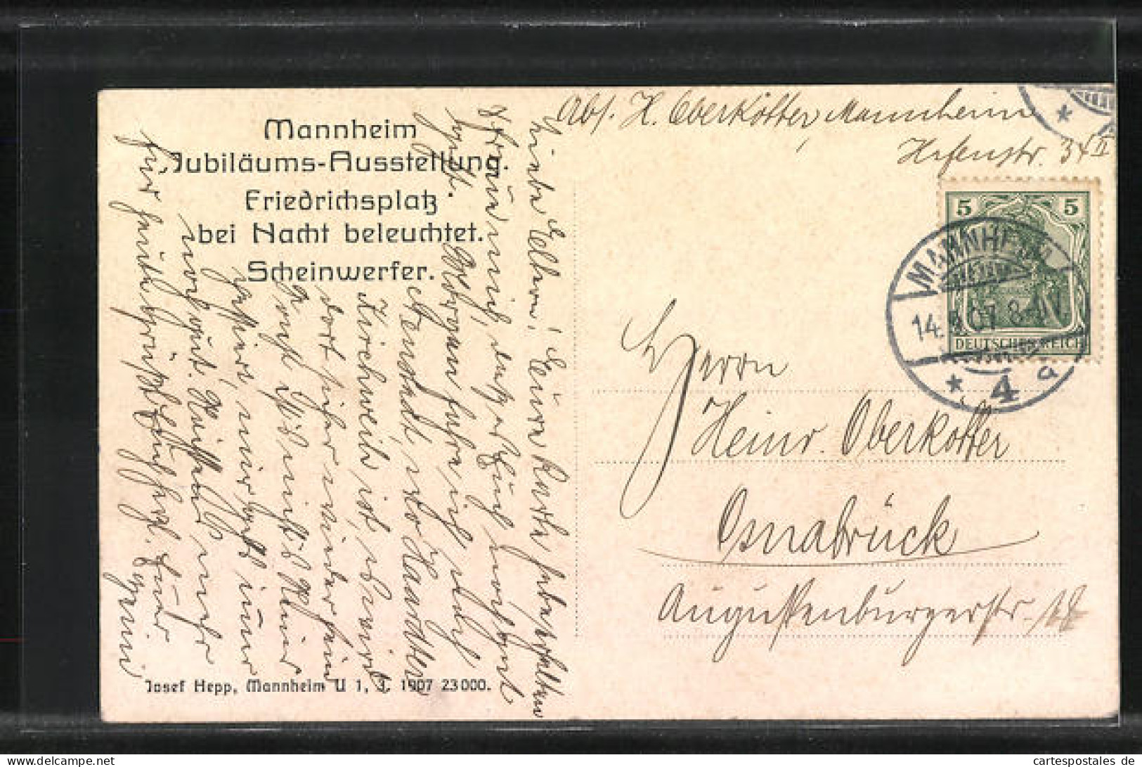 AK Mannheim, Jubiläums-Ausstellung 1907, Friedrichsplatz Bei Nacht Beleuchtet, Schweinwerfer  - Expositions