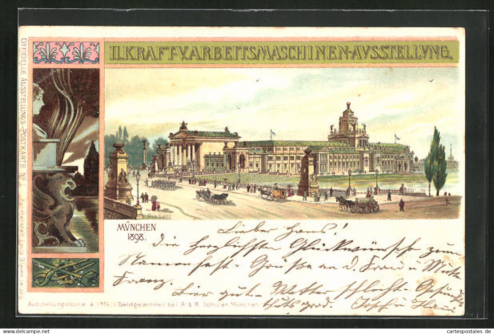 AK München, II. Kraft-u. Arbeitsmaschinen-Ausstellung 1898, Ausstellungsgebäude Mit Pferdekutsche  - Ausstellungen