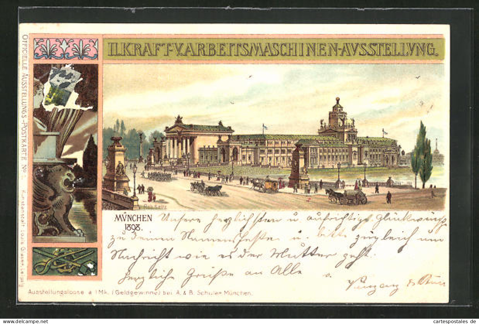 Lithographie München, II. Kraft-u. Arbeitsmaschinen-Ausstellung 1898, Ausstellungsgebäude Mit Pferdekutsche  - Tentoonstellingen