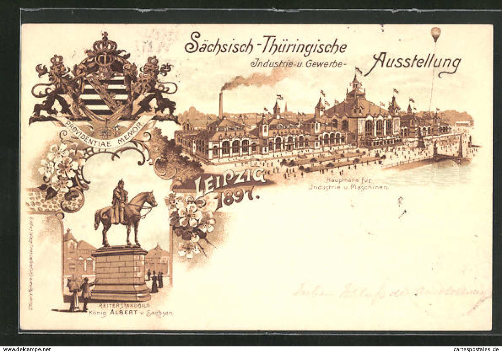Lithographie Leipzig, Sächs.-Thür. Industrie U. Gewerbe-Ausstellung 1897, Reiterstandbild König Albert V. Sachsen  - Expositions
