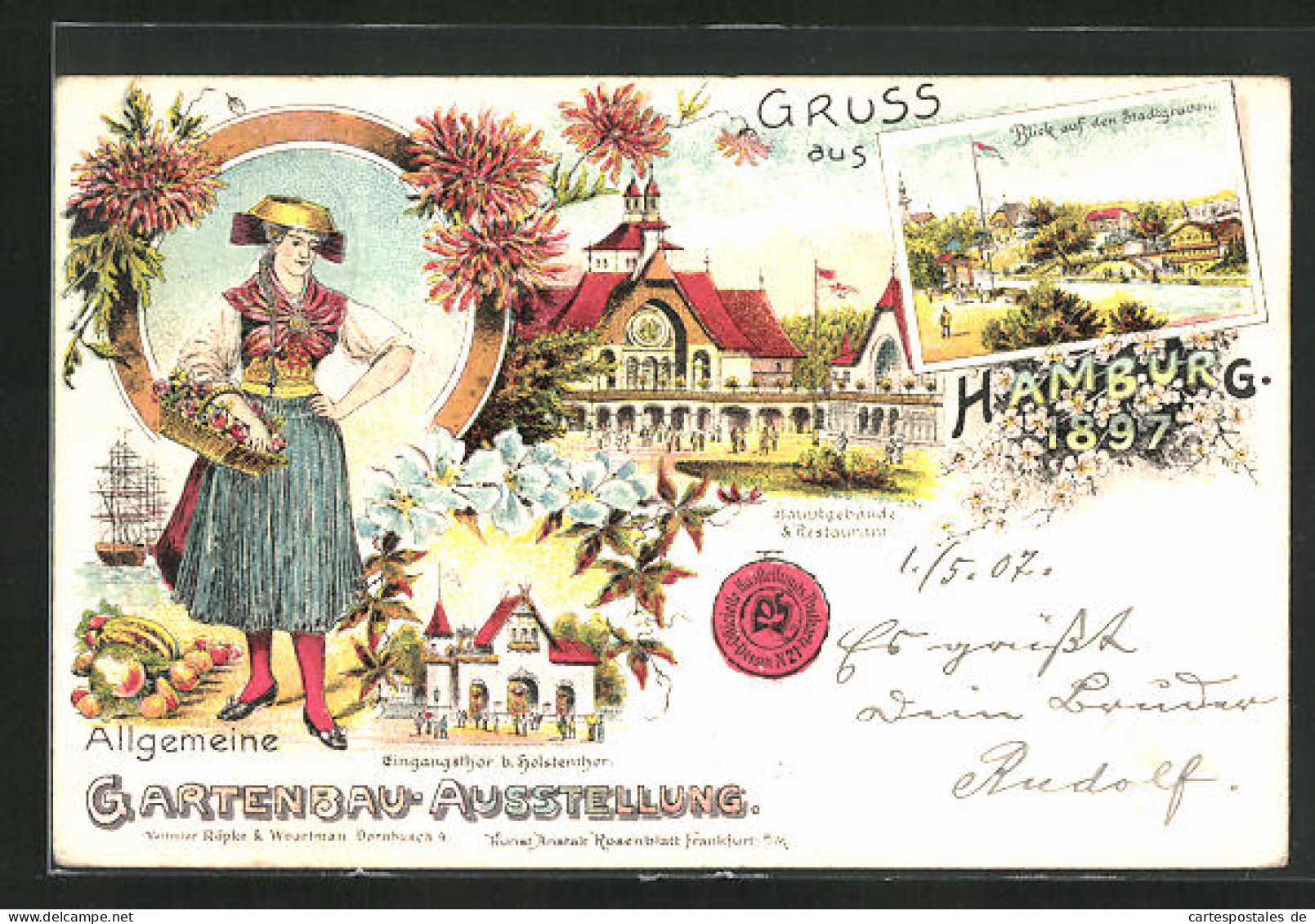 Lithographie Hamburg, Allgemeine Gartenbau-Ausstellung 1897, Hauptgebäude Und Restaurant, Blick Auf Den Stadtgraben  - Ausstellungen