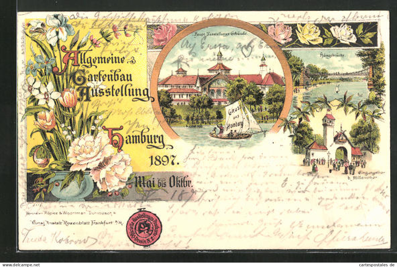 Lithographie Hamburg, Allgemeine Gartenbau-Ausstellung 1897, Eingangsthor Beim Millernthor, Hängebrücke  - Ausstellungen