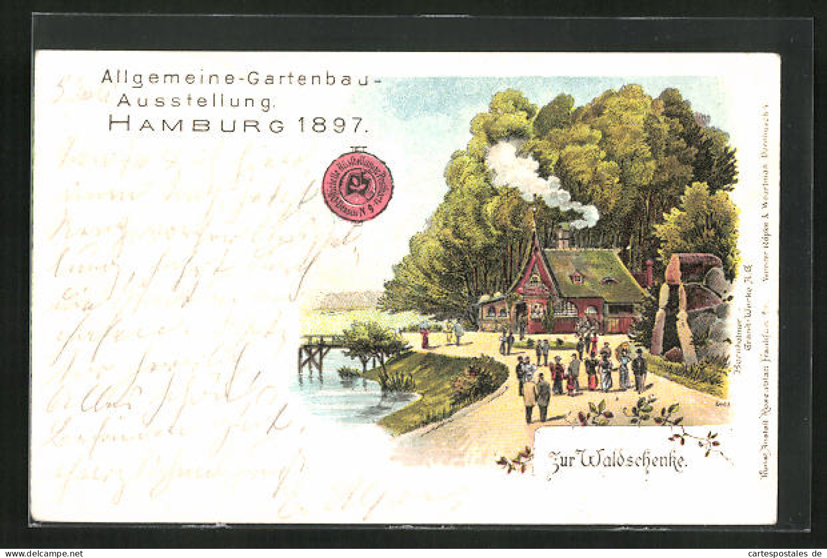 Lithographie Hamburg, Allgemeine Gartenbau-Ausstellung 1897, Gasthaus Zur Waldschenke  - Expositions