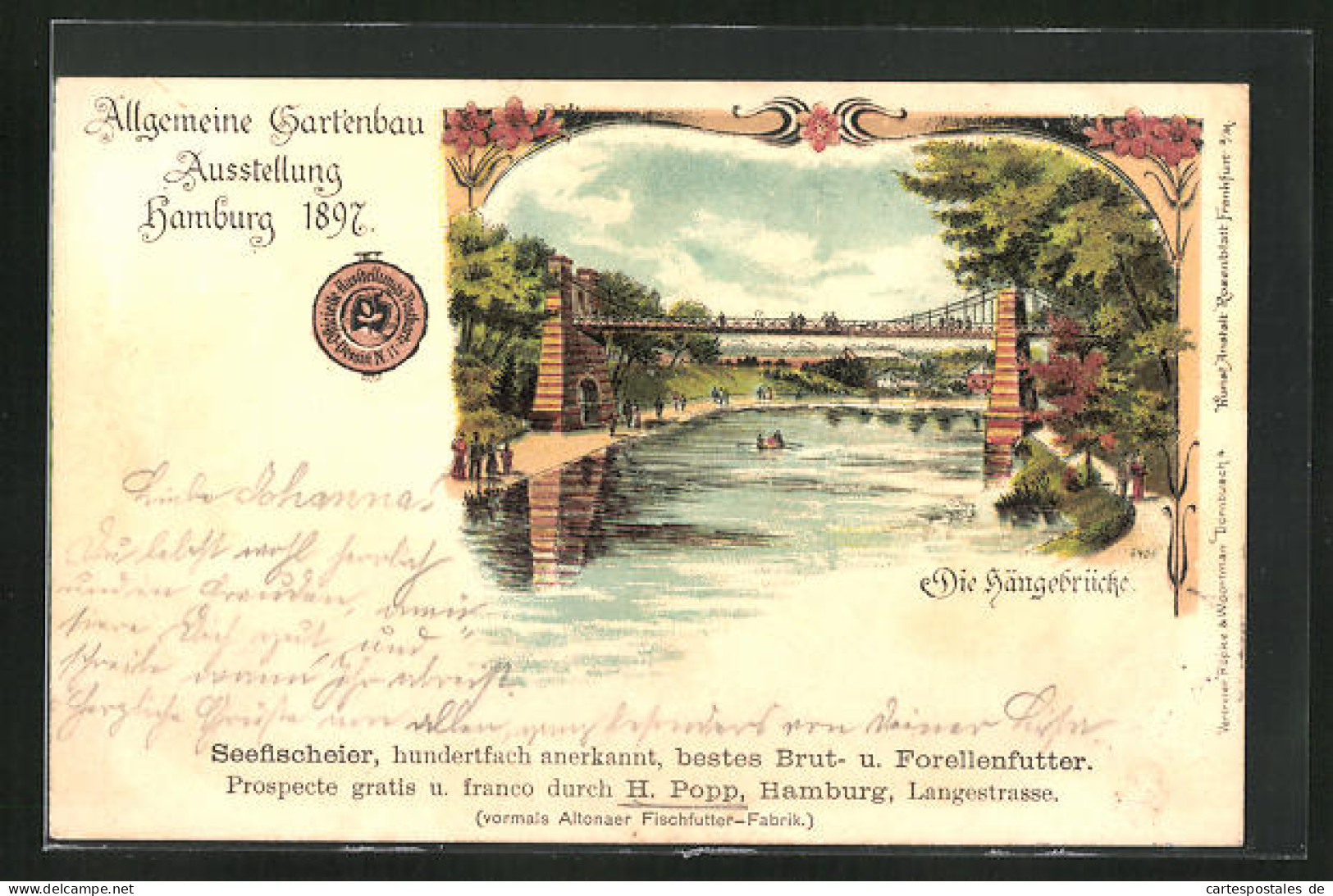 Lithographie Hamburg, Allgemeine Gartenbau-Ausstellung 1897, Die Hängebrücke  - Exposiciones