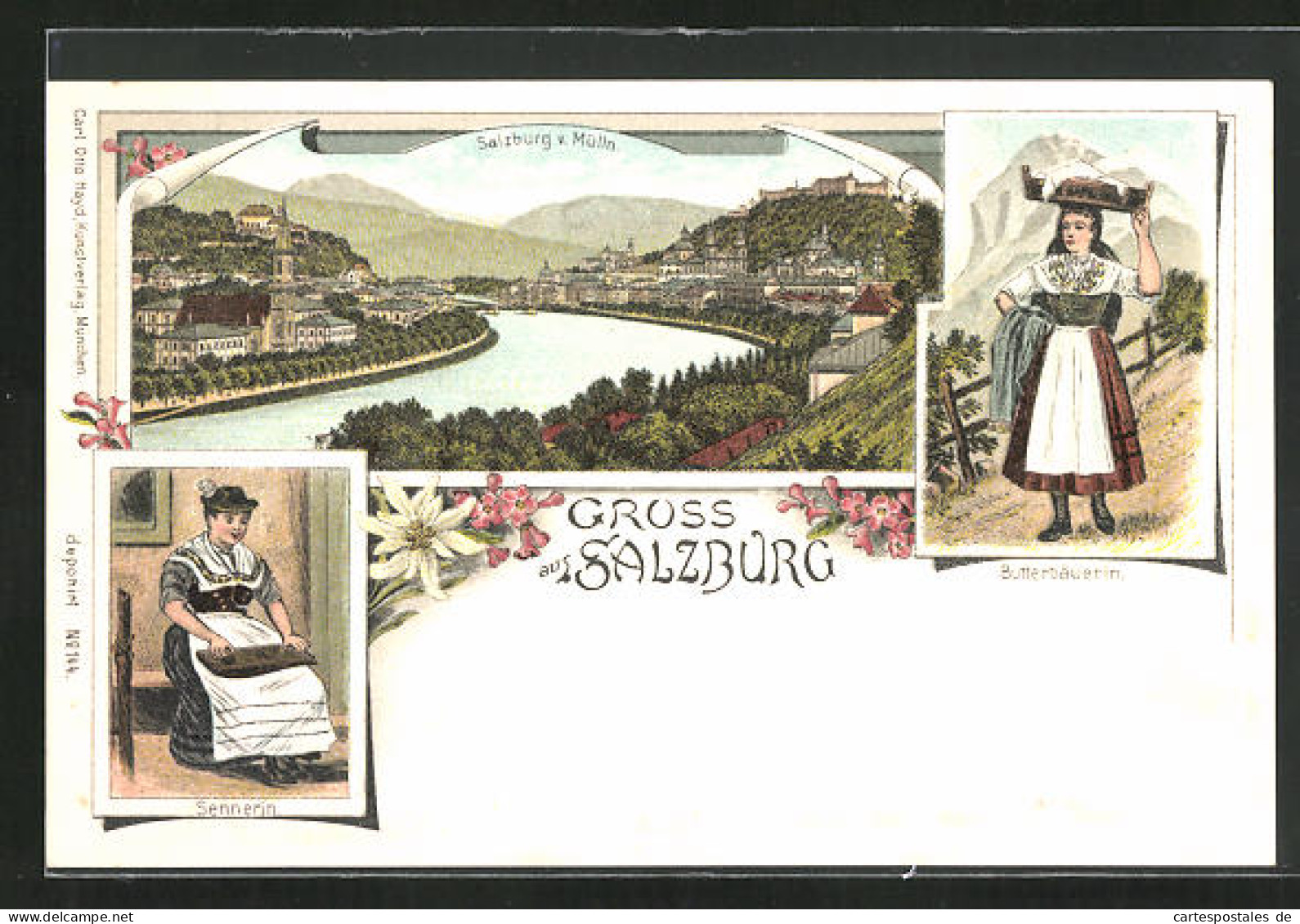 Lithographie Salzburg, Gesamtansicht, Butterbäuerin & Sennerin  - Other & Unclassified