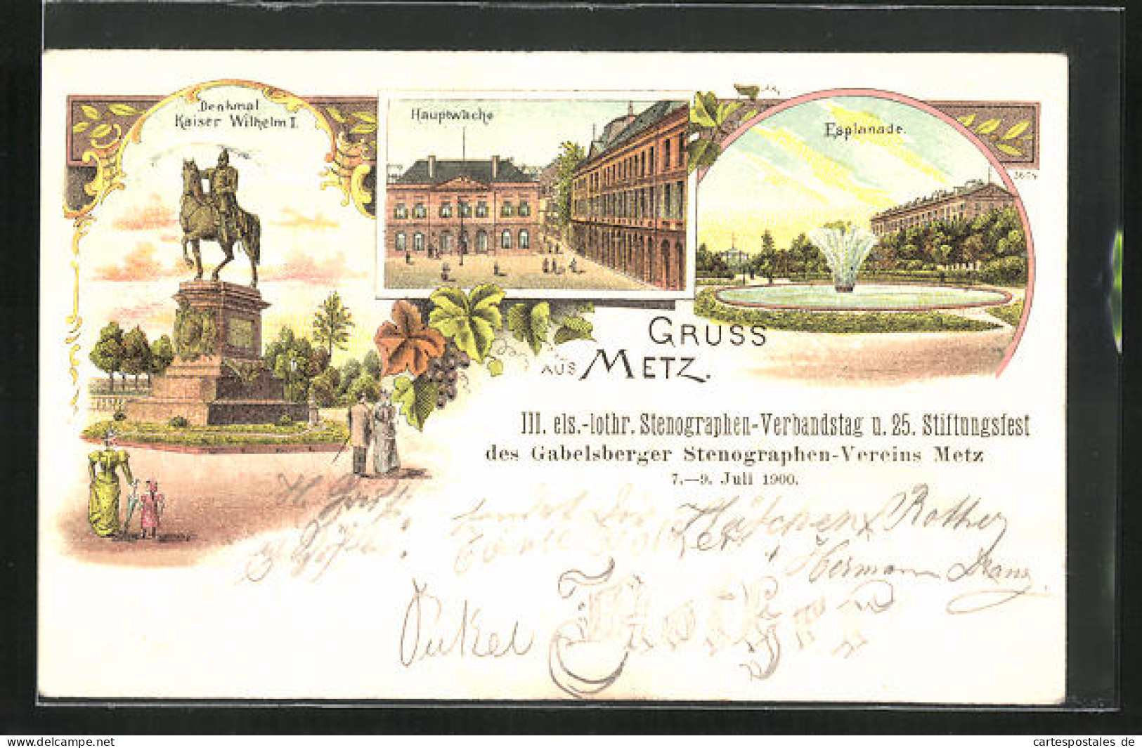 Lithographie Metz, Esplanade, Hauptwache, Monument Kaiser Wilhelm I.  - Metz