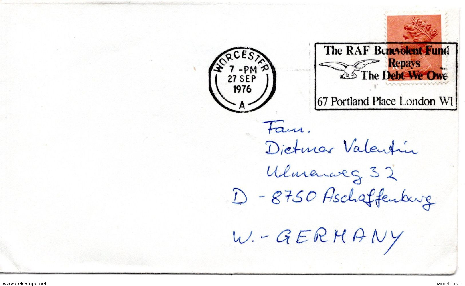 78853 - Grossbritannien - 1976 - 10p Machin EF A Bf WORCESTER - ... RAF BENEVOLENT FUND ... -> Westdeutschland - Lettres & Documents