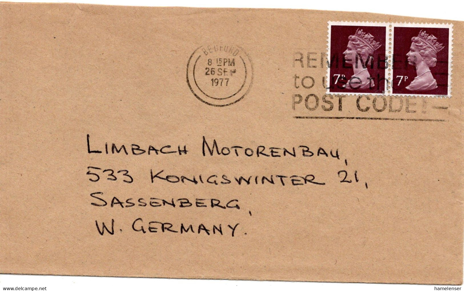 78855 - Grossbritannien - 1977 - 2@7p Machin A Bf BEDFORD - ... -> Westdeutschland - Briefe U. Dokumente