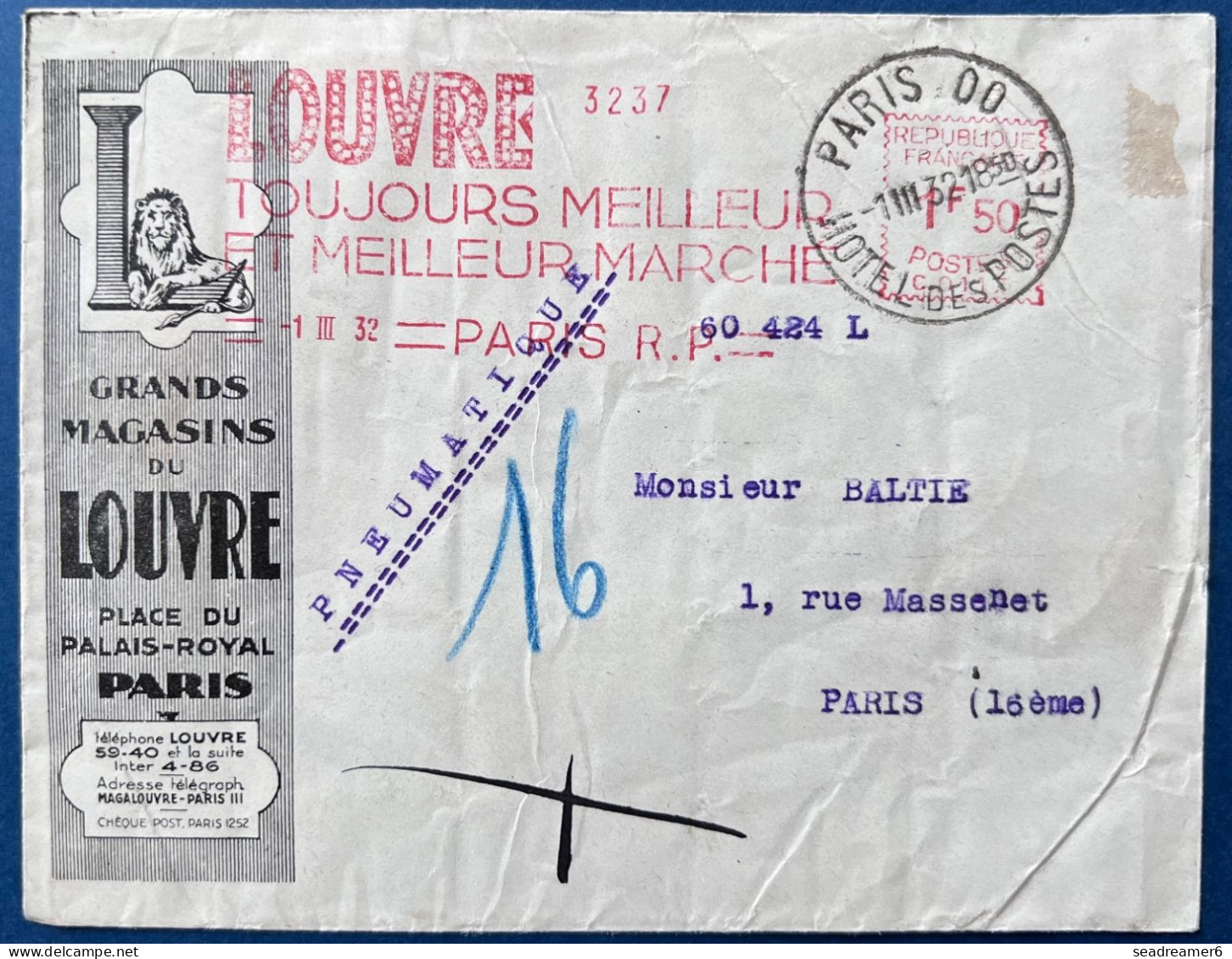 Lettre Pneumatique PUB Grands Magasins Du LOUVRES + PUB Flamme Mecanique + Dateur PARIS 00 / HOTEL DES POSTES RR - 1921-1960: Periodo Moderno