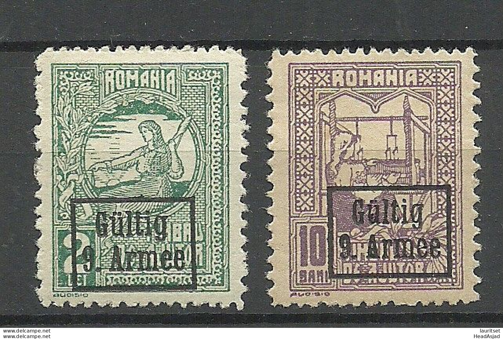 Germany Deutsche Militärverwaltung Romania Rumänien 1917 Fiscal Tax Fiskalmarken OPT Gültig 9. Armee, 10 Bani & 2 Lei * - Bezetting 1914-18