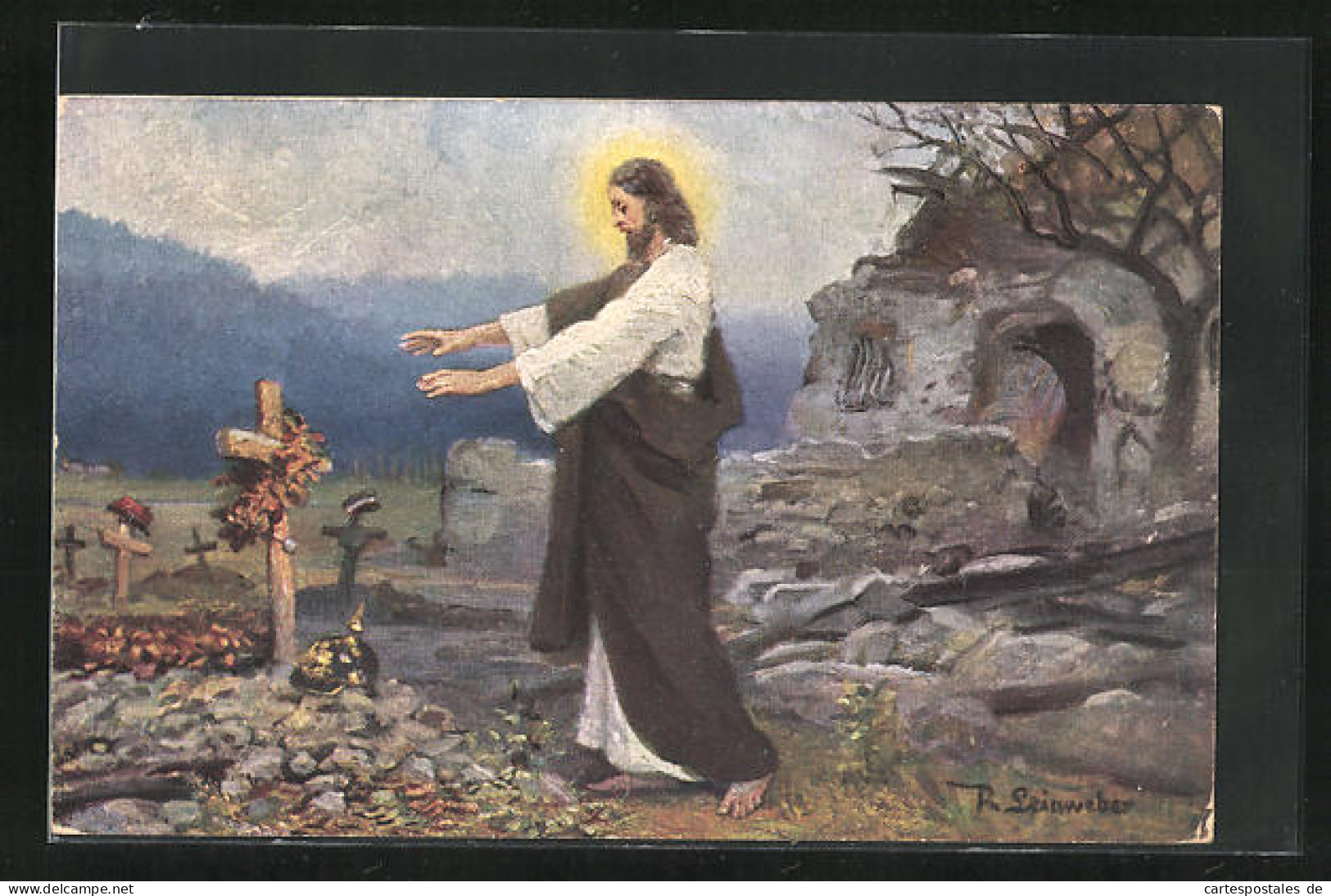 Künstler-AK Jesus Segnet Ein Kriegsgrab  - Guerre 1914-18
