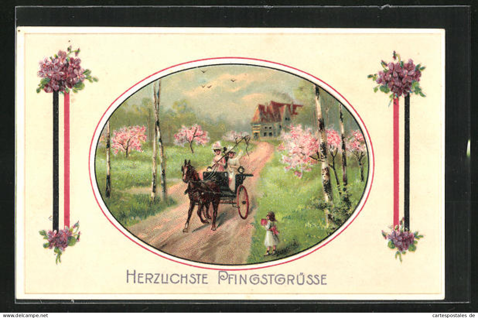 Präge-AK Frau Auf Pferdekutsche, Pfingsten  - Oorlog 1914-18