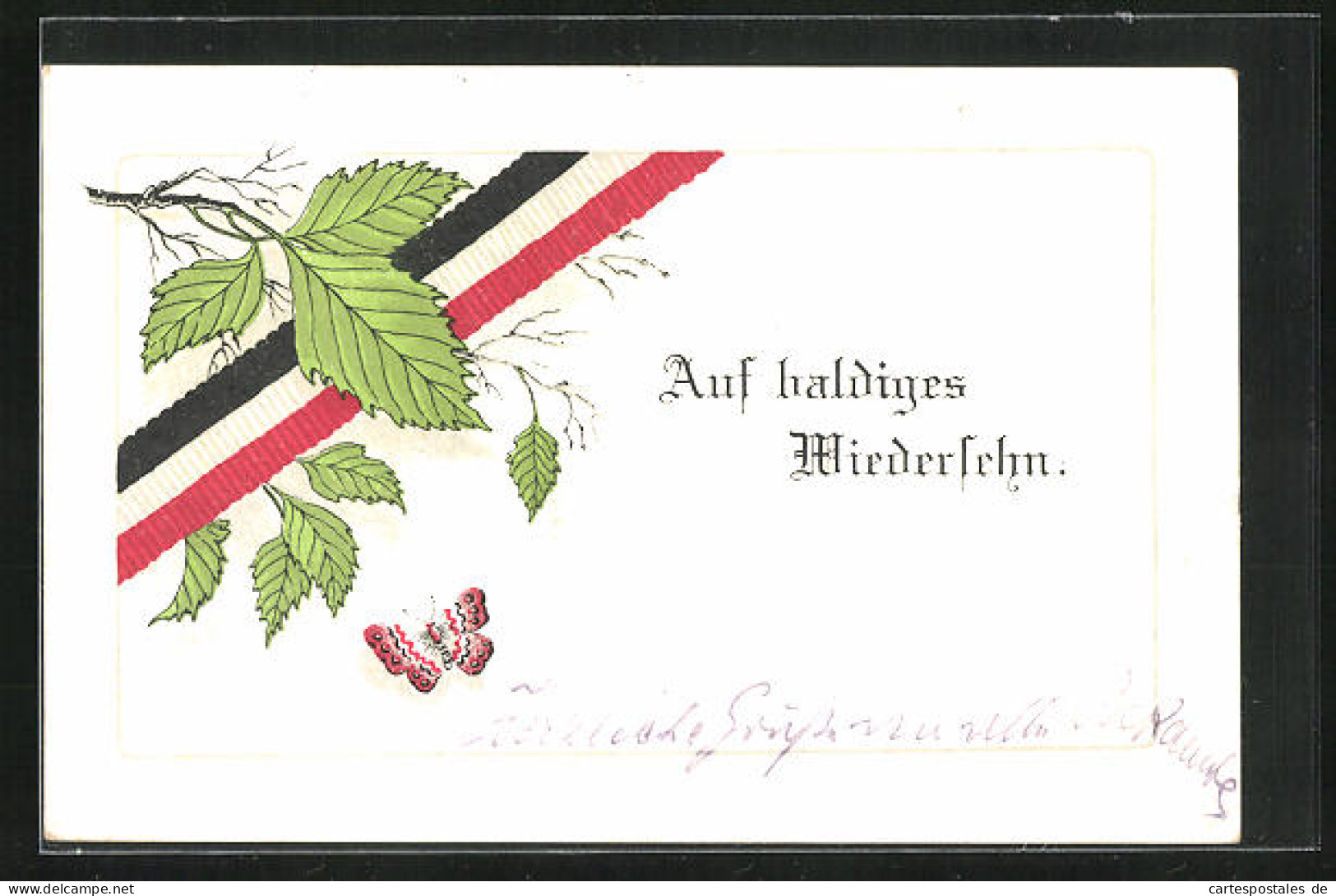 Künstler-AK Auf Baldiges Wiedersehn, Haselnussblatt, Schmetterling  - Guerra 1914-18