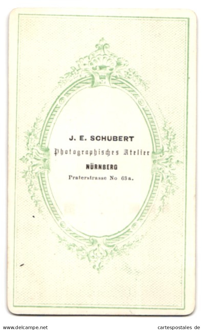 Fotografie J. E. Schubert, Nürnberg, Praterstr. 63a, Portrait Dame Im Seidenen Biedermeierkleid Stehend Im Atelier  - Anonyme Personen