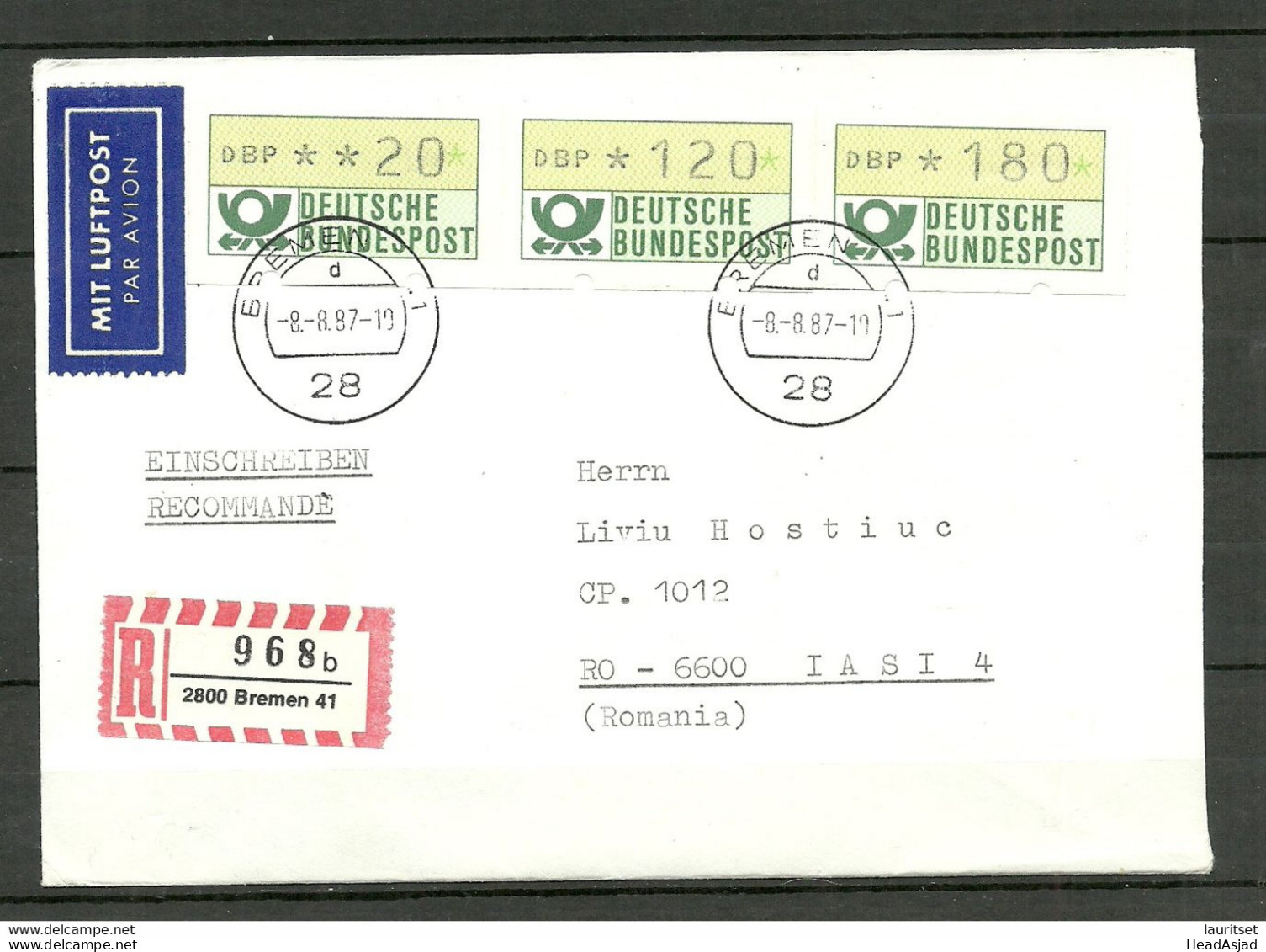 Germany Deutschland BRD 1987 Flugpost R-Brief O BREMEN Mit Automaten-Freimarken To Romania Rumänien - Automatenmarken [ATM]