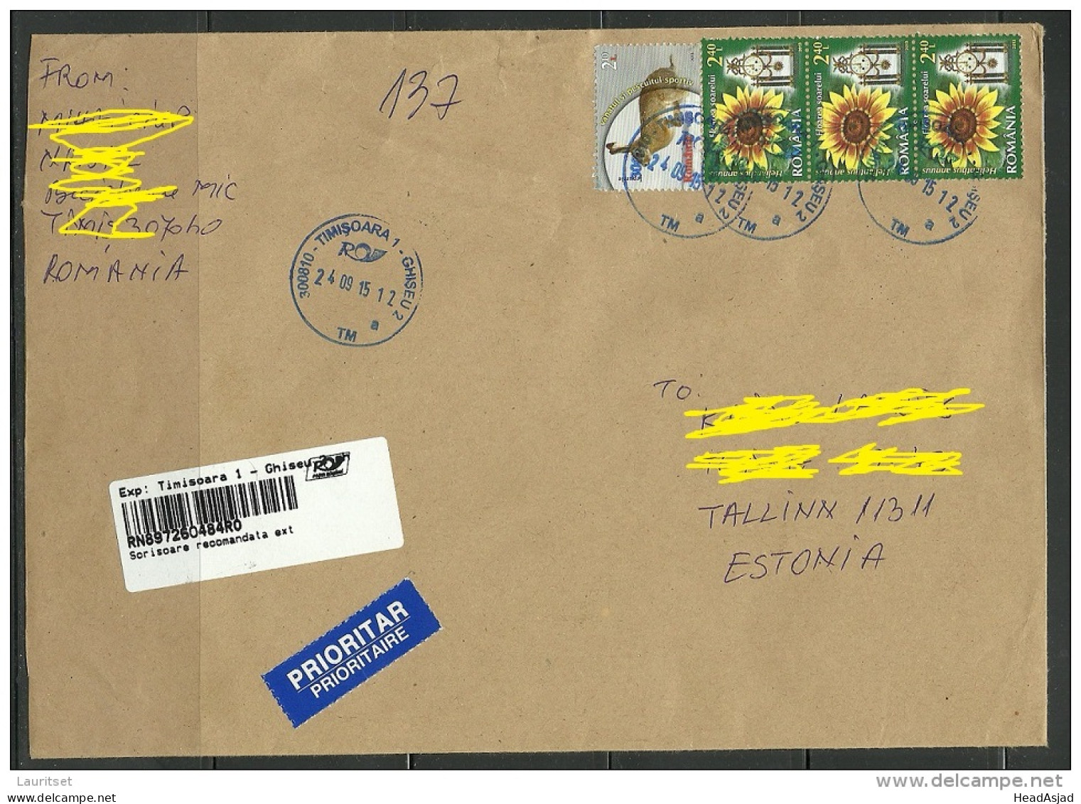 ROMANIA Rumänien 2015 Registered Air Mail Letter To Estonia Sonnenblume Hase Hare - Cartas & Documentos