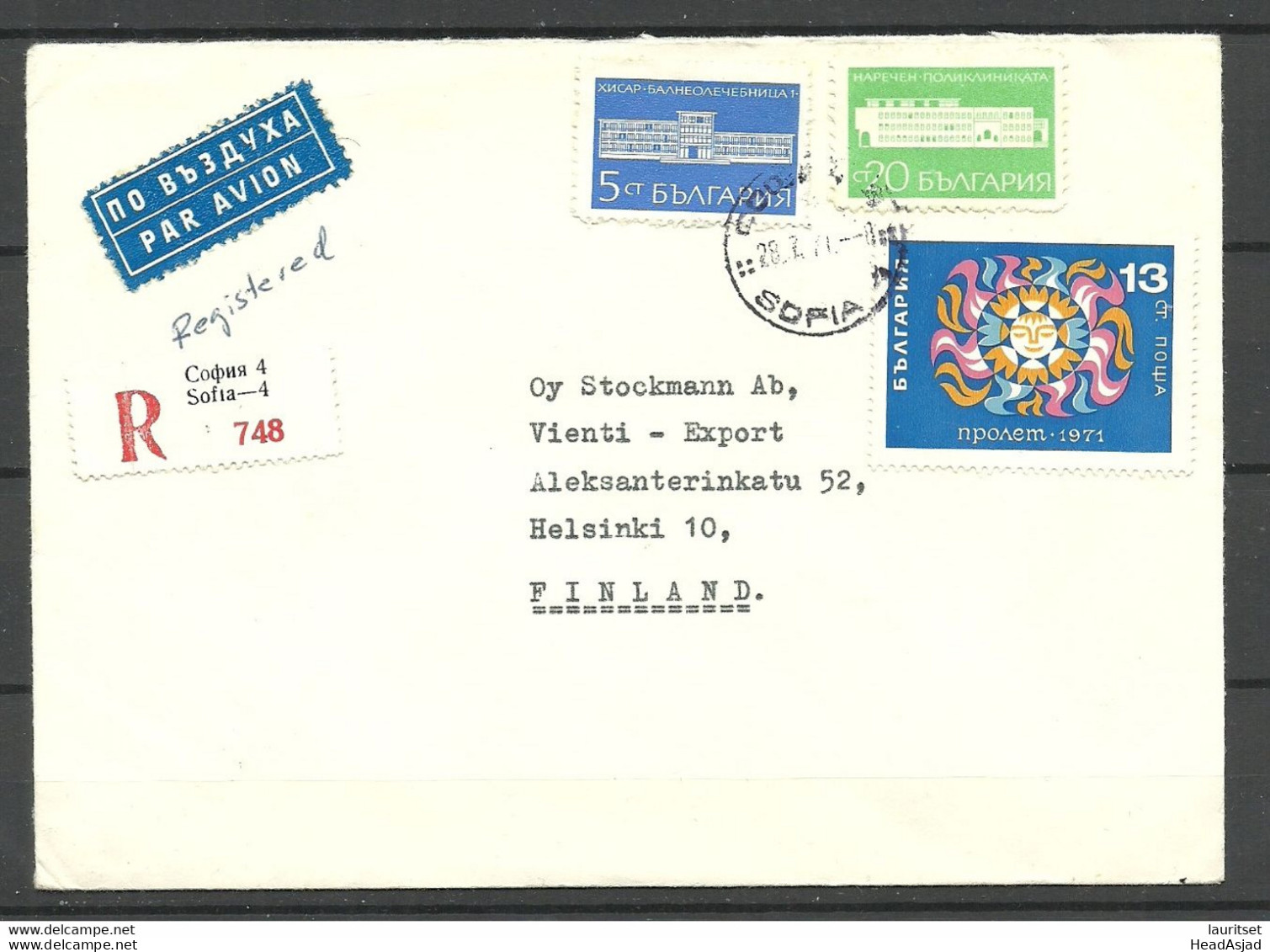 BULGARIA  1971 Commercial Registered Air Mail Cover To Finland Stockmann Finnish Embassy Botschaft Sofia Air Mail Label - Poste Aérienne