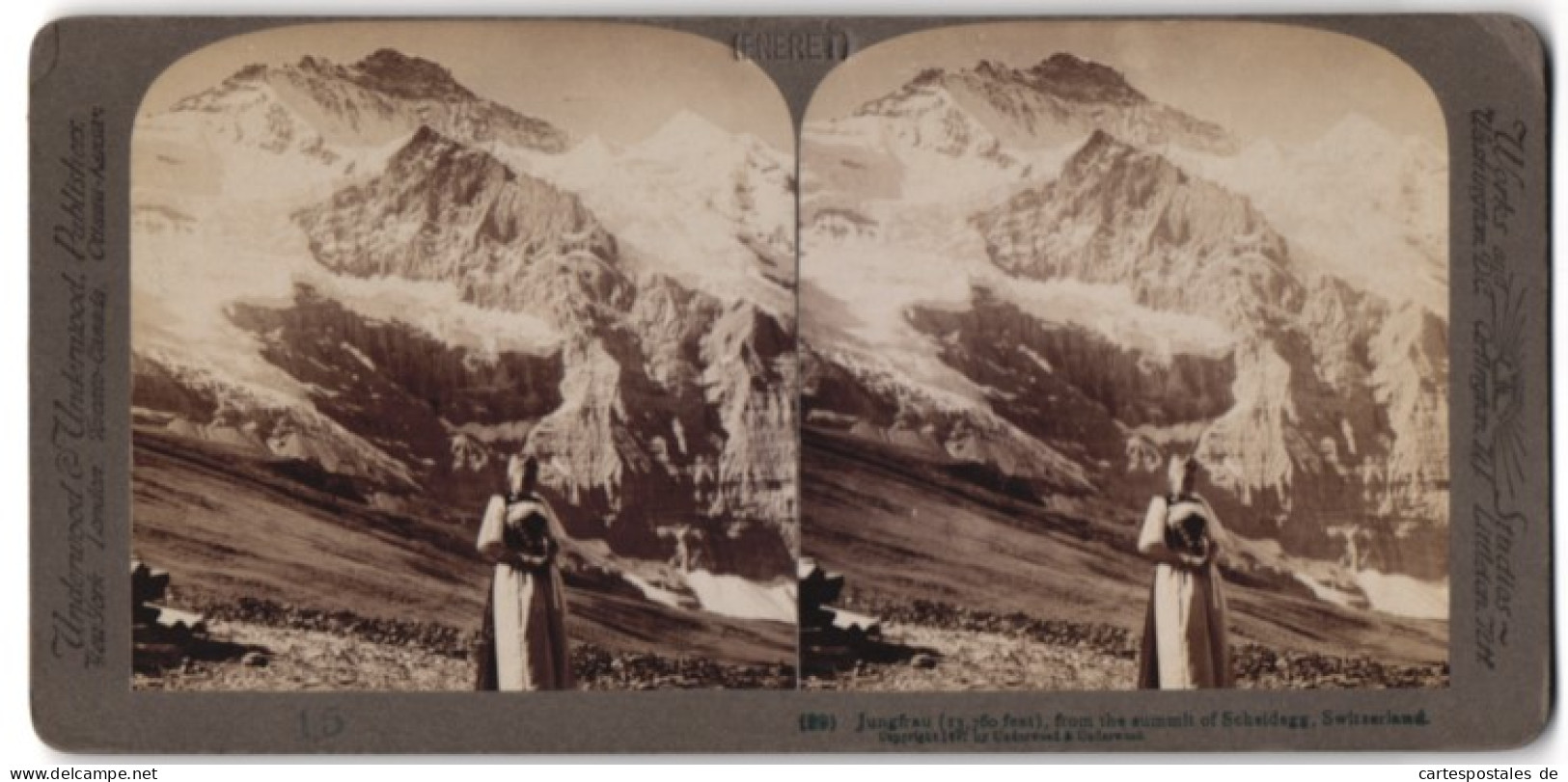 Stereo-Fotografie Underwood & Underwood, New York, Ansicht Scheidegg, Jungfrau Bergmassiv & Trachtenmädchen  - Stereoscopic